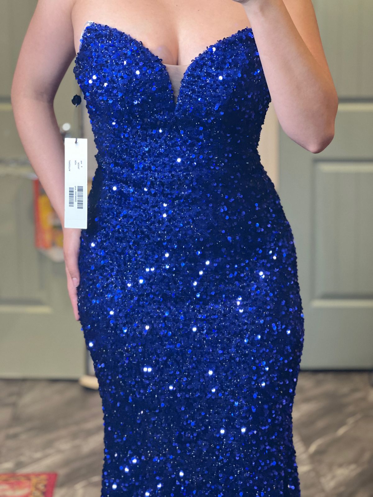 Jovani Size 2 Prom Strapless Sequined Navy Blue Mermaid Dress on Queenly