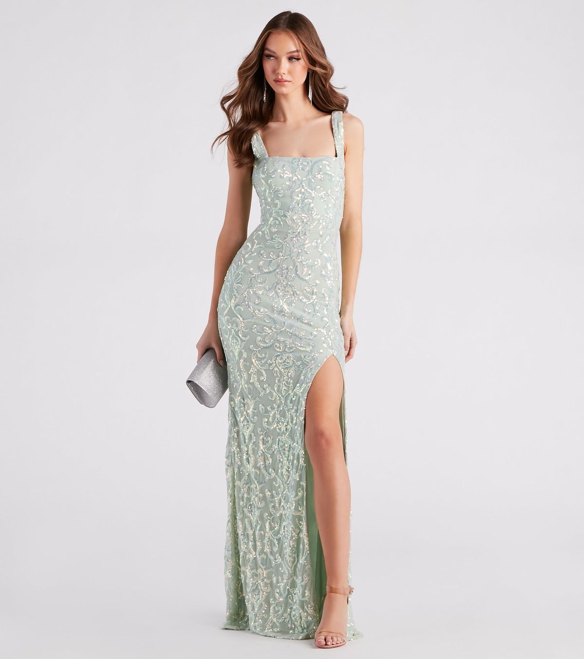 Style 05002-2862 Windsor Size XL Bridesmaid Sequined Green Side Slit Dress on Queenly