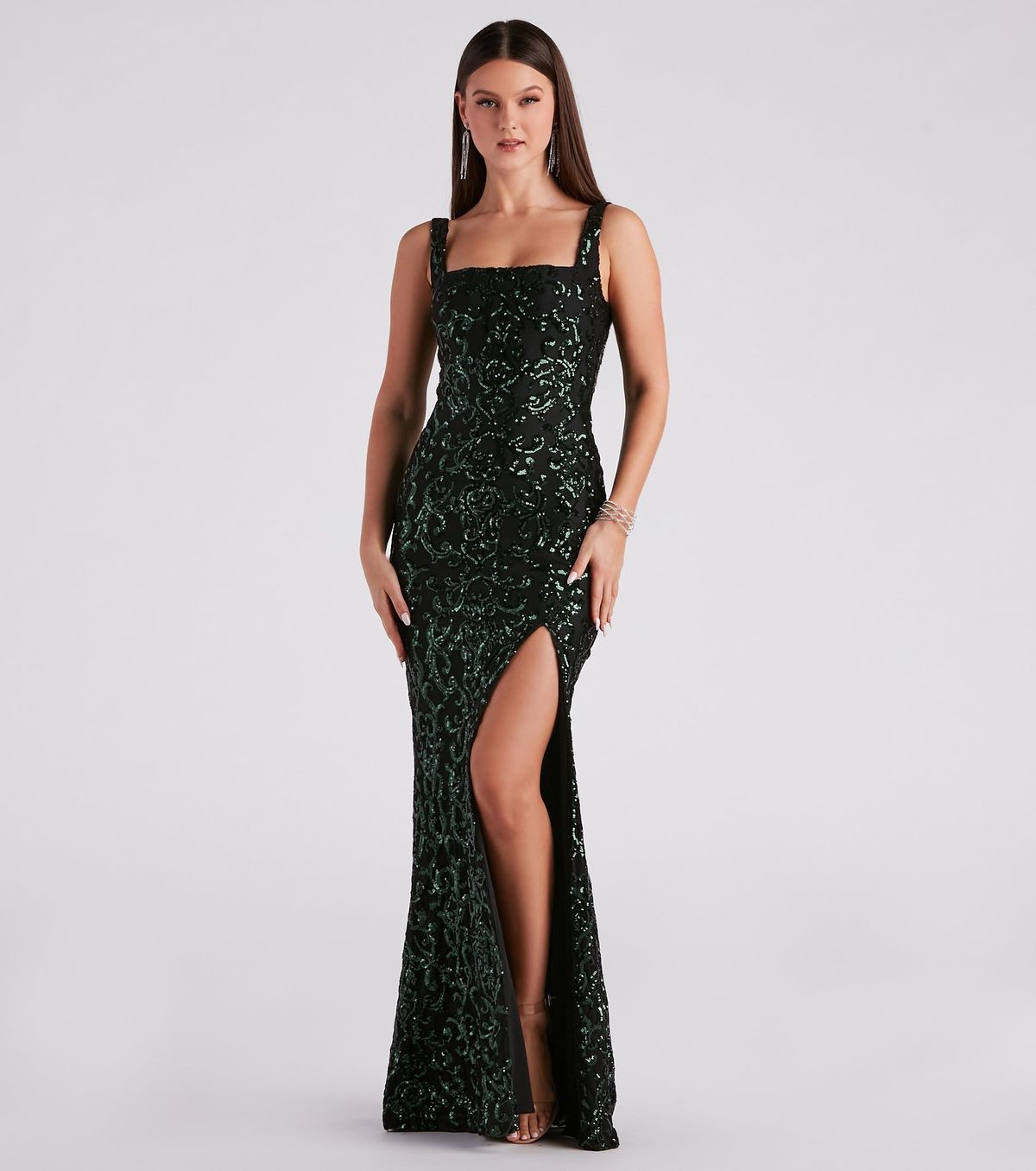 Style 05002-2864 Windsor Size M Bridesmaid Sequined Green Side Slit Dress on Queenly