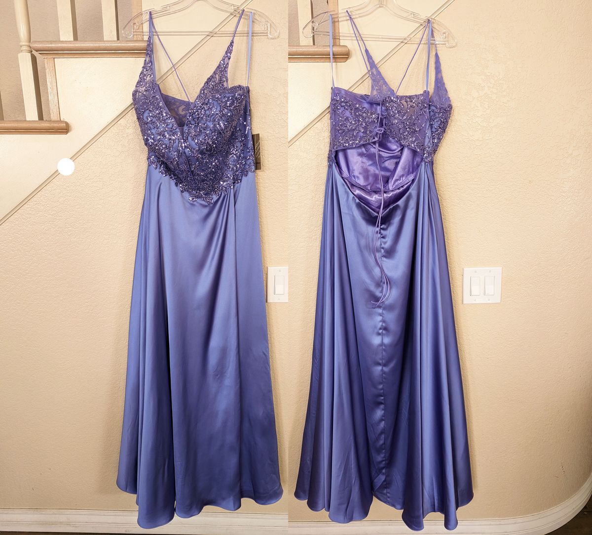 Style Periwinkle Sequined Floral Sleeveless A-line Satin A-line Gown Plus Size 16 Wedding Guest Sequined Purple Ball Gown on Queenly