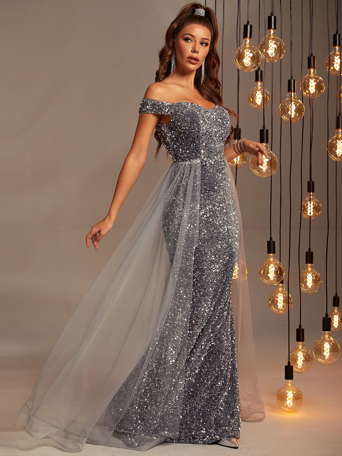 Style FSWD0478 Faeriesty Size S Off The Shoulder Sequined Gray Mermaid Dress on Queenly