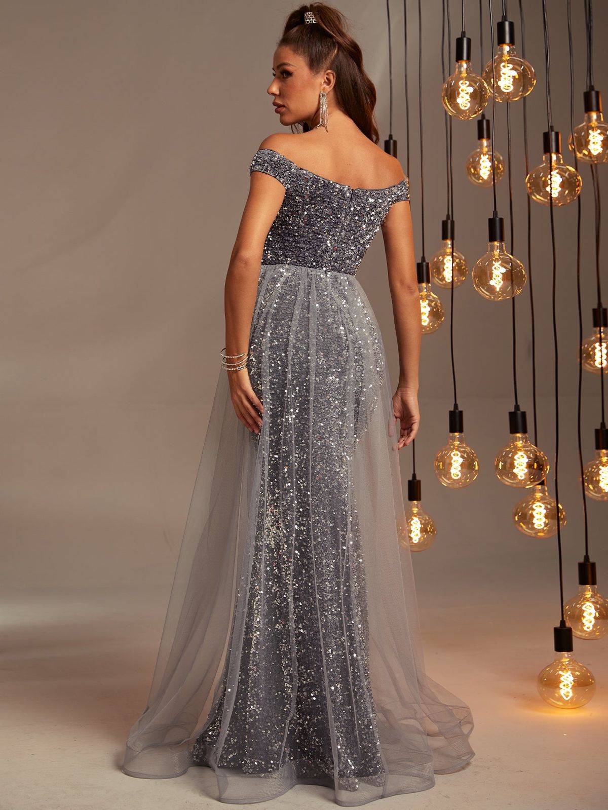 Style FSWD0478 Faeriesty Size S Off The Shoulder Sequined Gray Mermaid Dress on Queenly