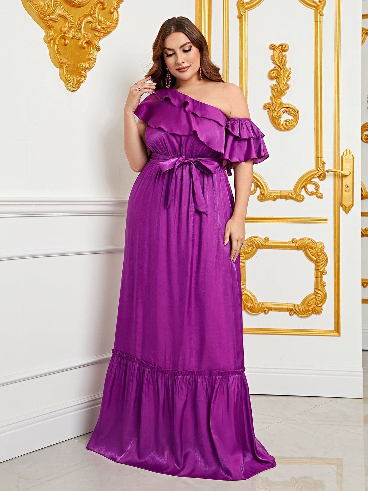 Style FSWD0858P Faeriesty Size 1X One Shoulder Purple A-line Dress on Queenly