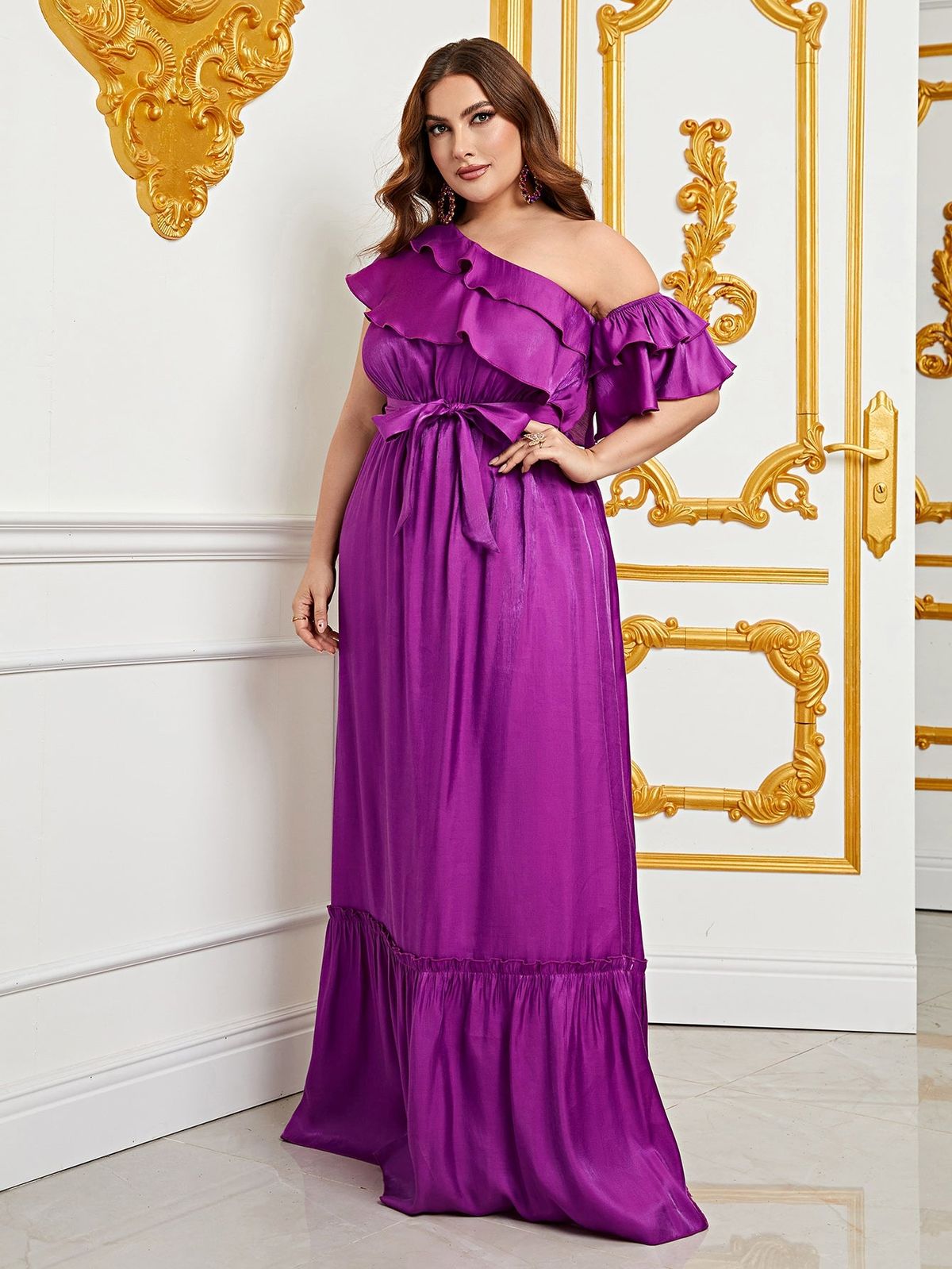 Style FSWD0858P Faeriesty Size 1X One Shoulder Purple A-line Dress on Queenly