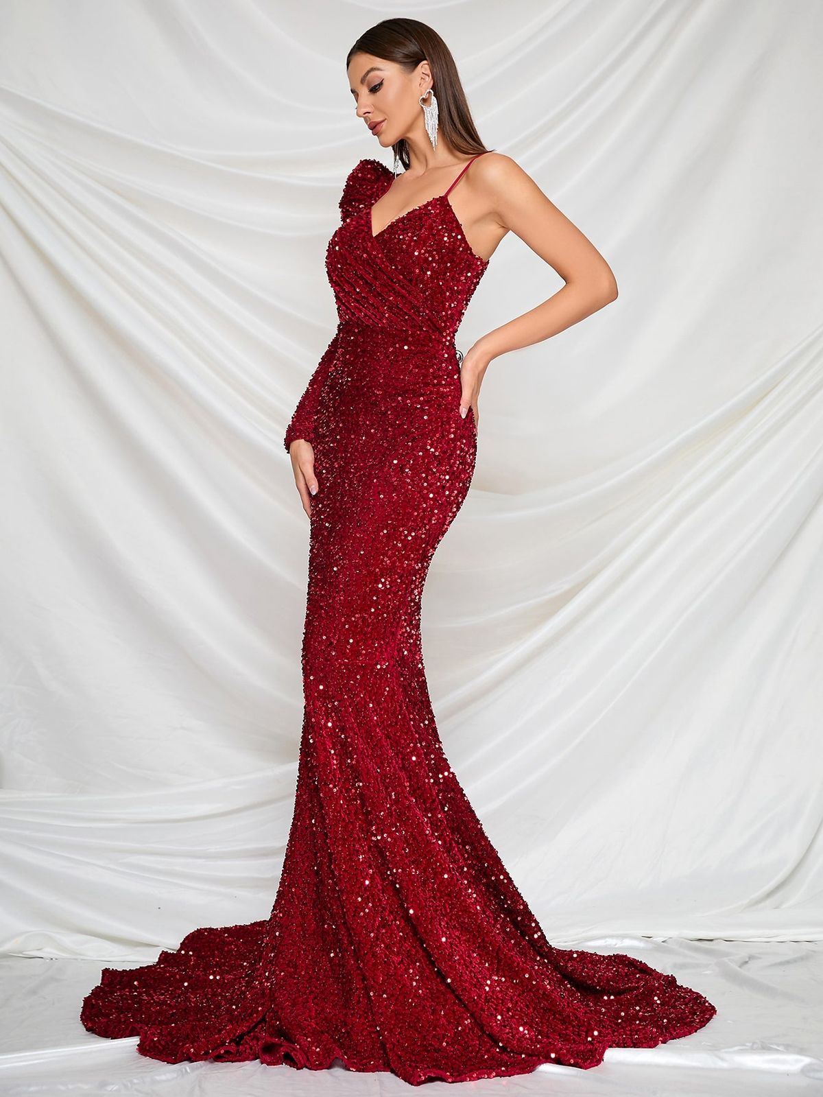 Style FSWD8016 Faeriesty Size S Long Sleeve Sequined Burgundy Red Mermaid Dress on Queenly