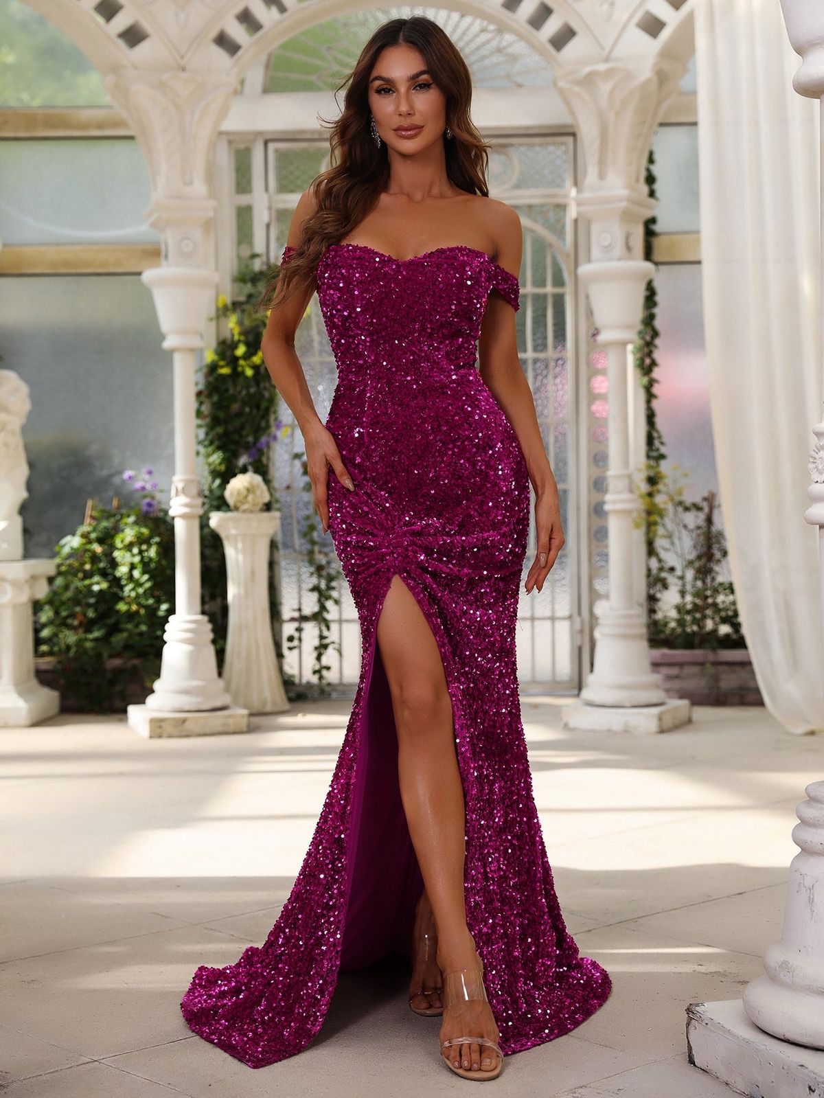 Style FSWD0587 Faeriesty Size M Off The Shoulder Sequined Hot Pink Side Slit Dress on Queenly