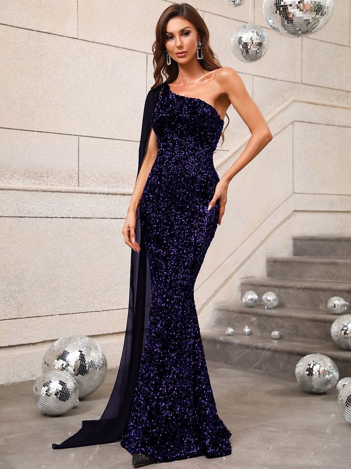 Style FSWD0421 Faeriesty Size L Prom One Shoulder Sequined Purple Floor Length Maxi on Queenly