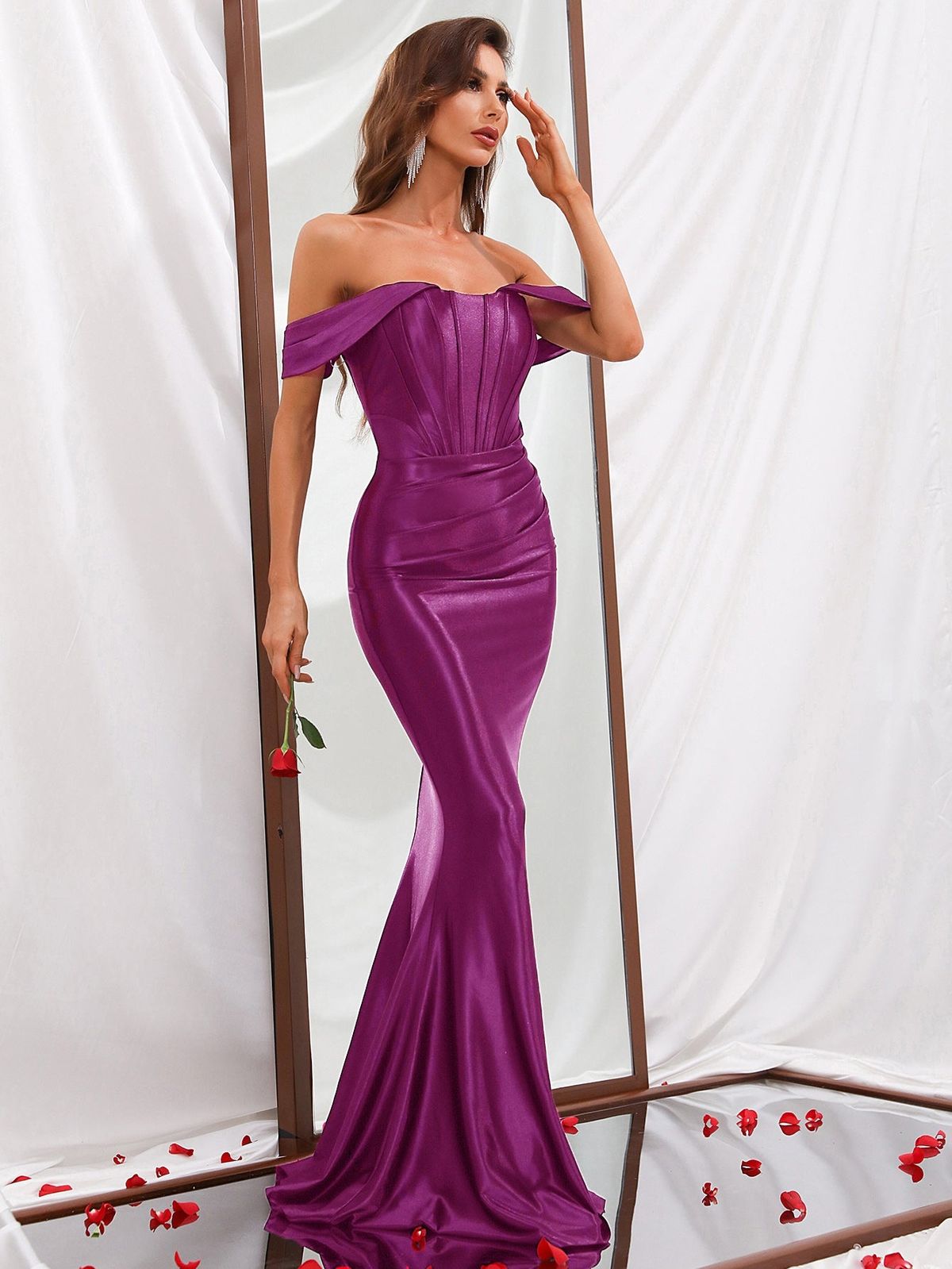 Style FSWD0302 Faeriesty Size M Off The Shoulder Satin Purple Mermaid Dress on Queenly