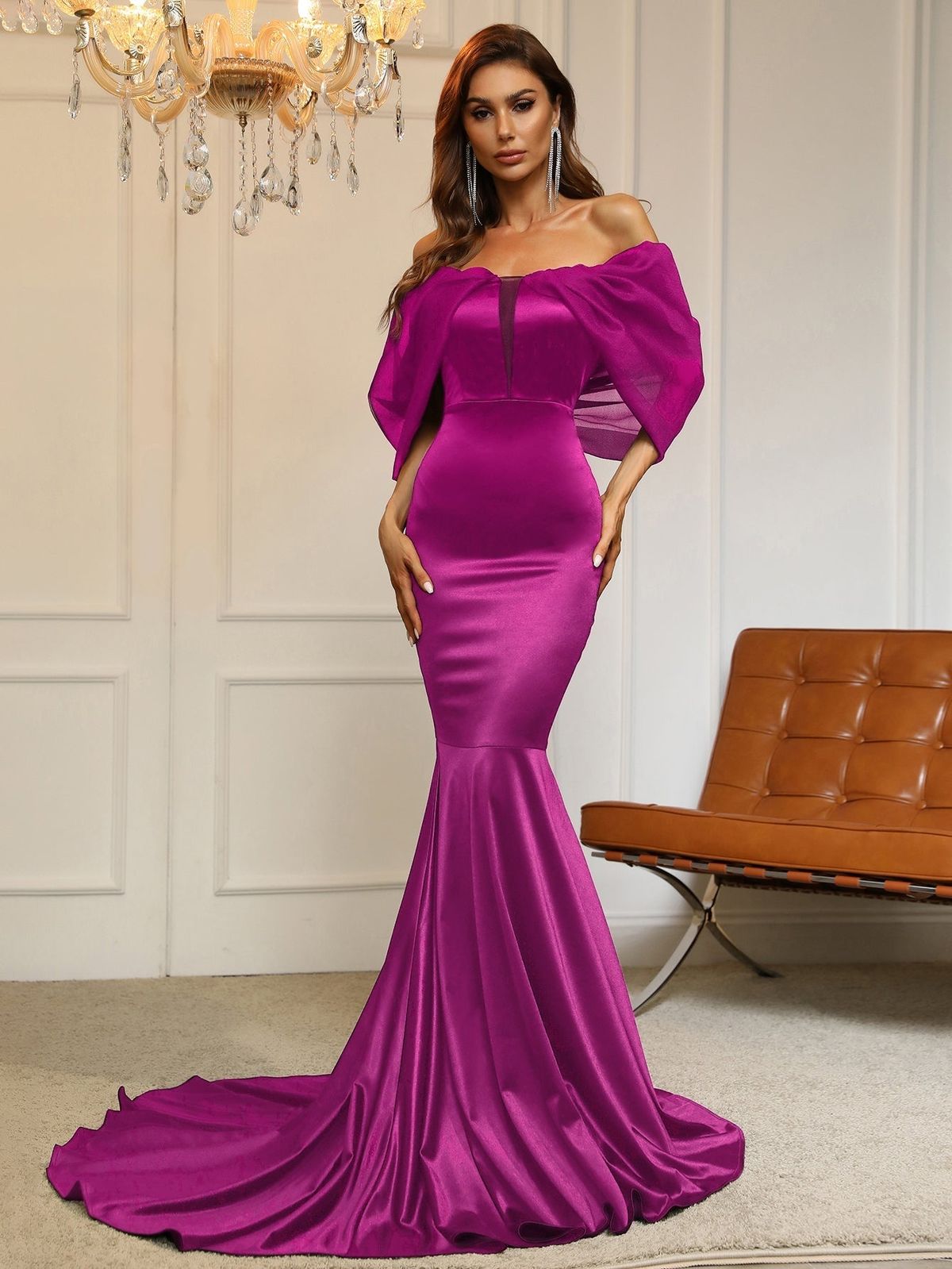 Style FSWD8019 Faeriesty Size M Off The Shoulder Satin Hot Pink Floor Length Maxi on Queenly
