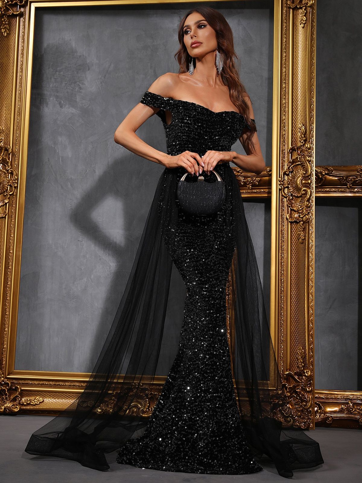 Style FSWD0478 Faeriesty Size XS Off The Shoulder Sequined Black Mermaid Dress on Queenly