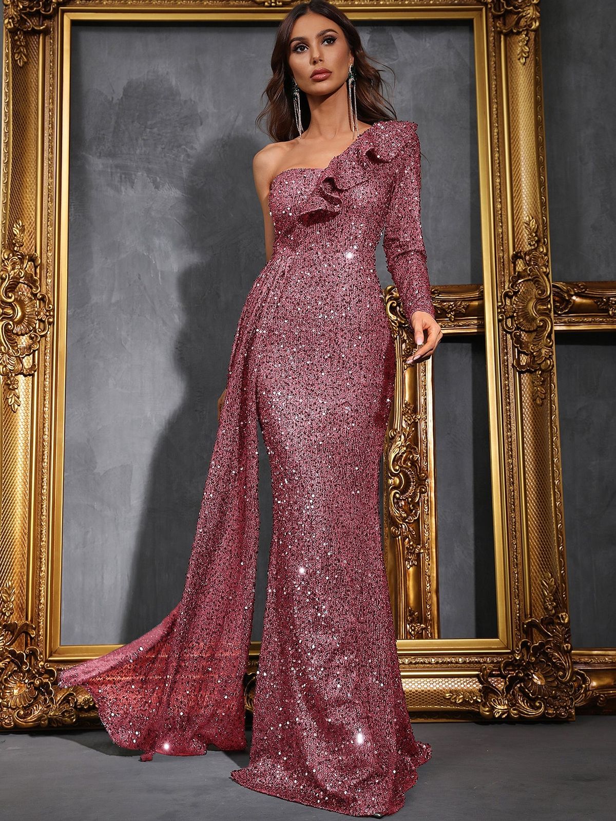 Style FSWD0402 Faeriesty Size XS Prom Long Sleeve Sequined Rose Gold Floor Length Maxi on Queenly