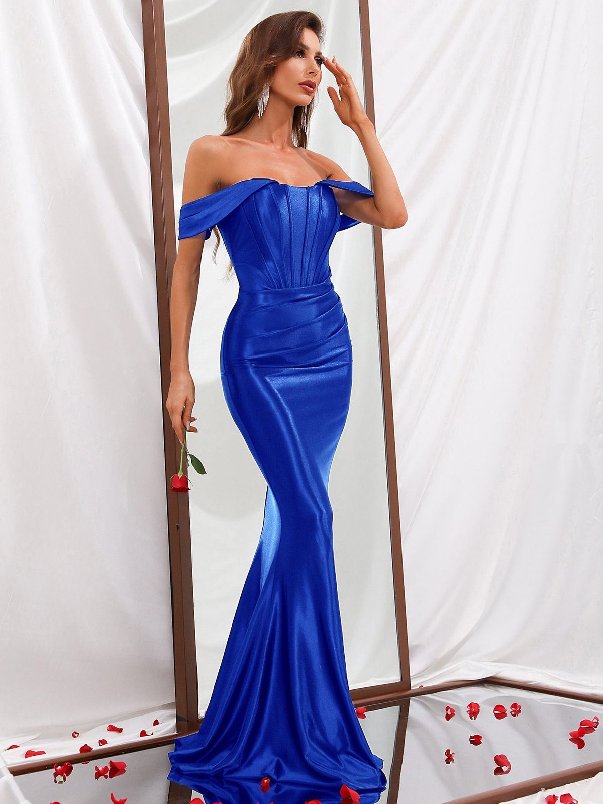 Style FSWD0302 Faeriesty Size XS Off The Shoulder Satin Royal Blue Mermaid Dress on Queenly