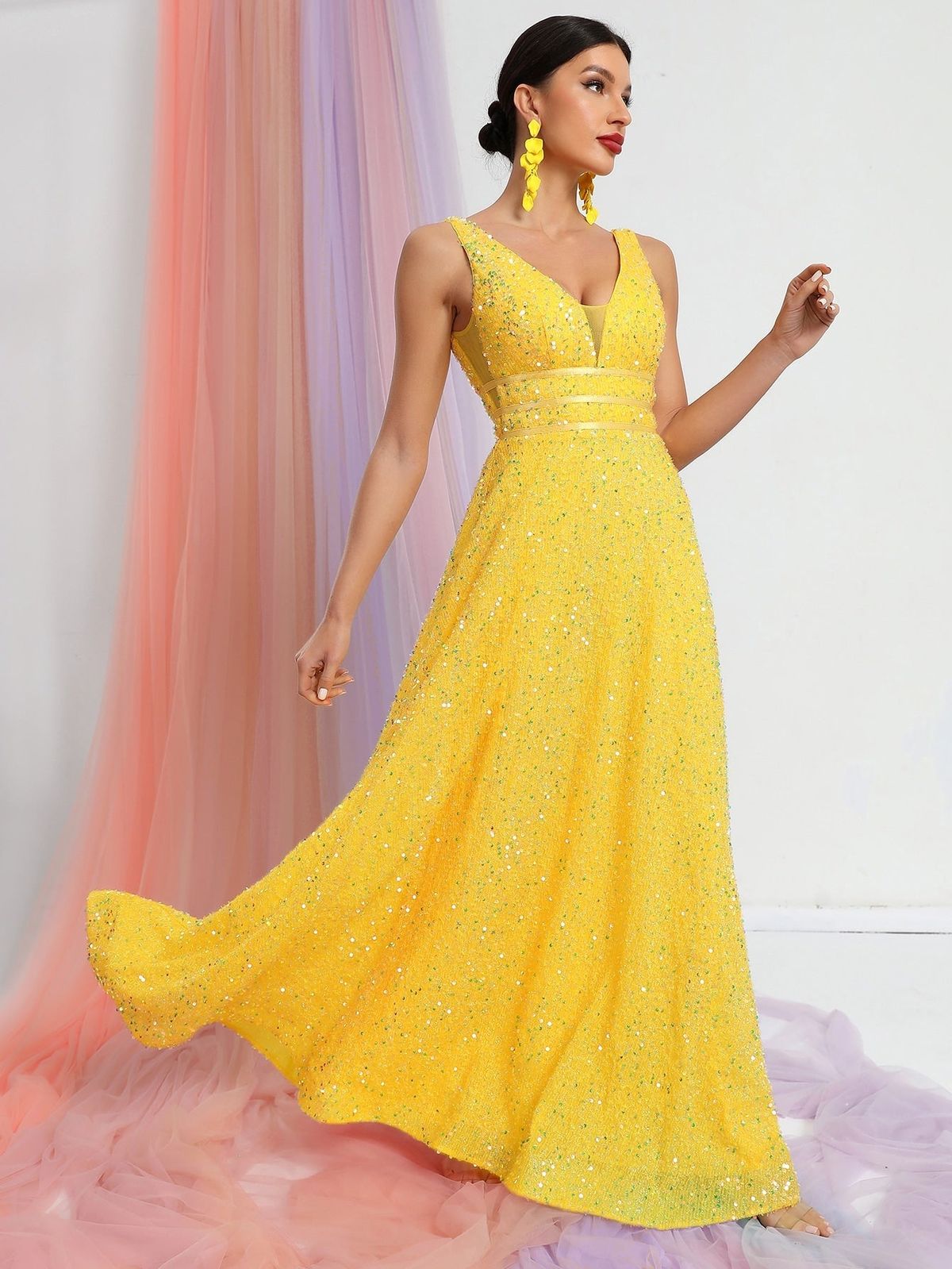 Style FSWD0448 Faeriesty Size XL Plunge Sequined Yellow Floor Length Maxi on Queenly