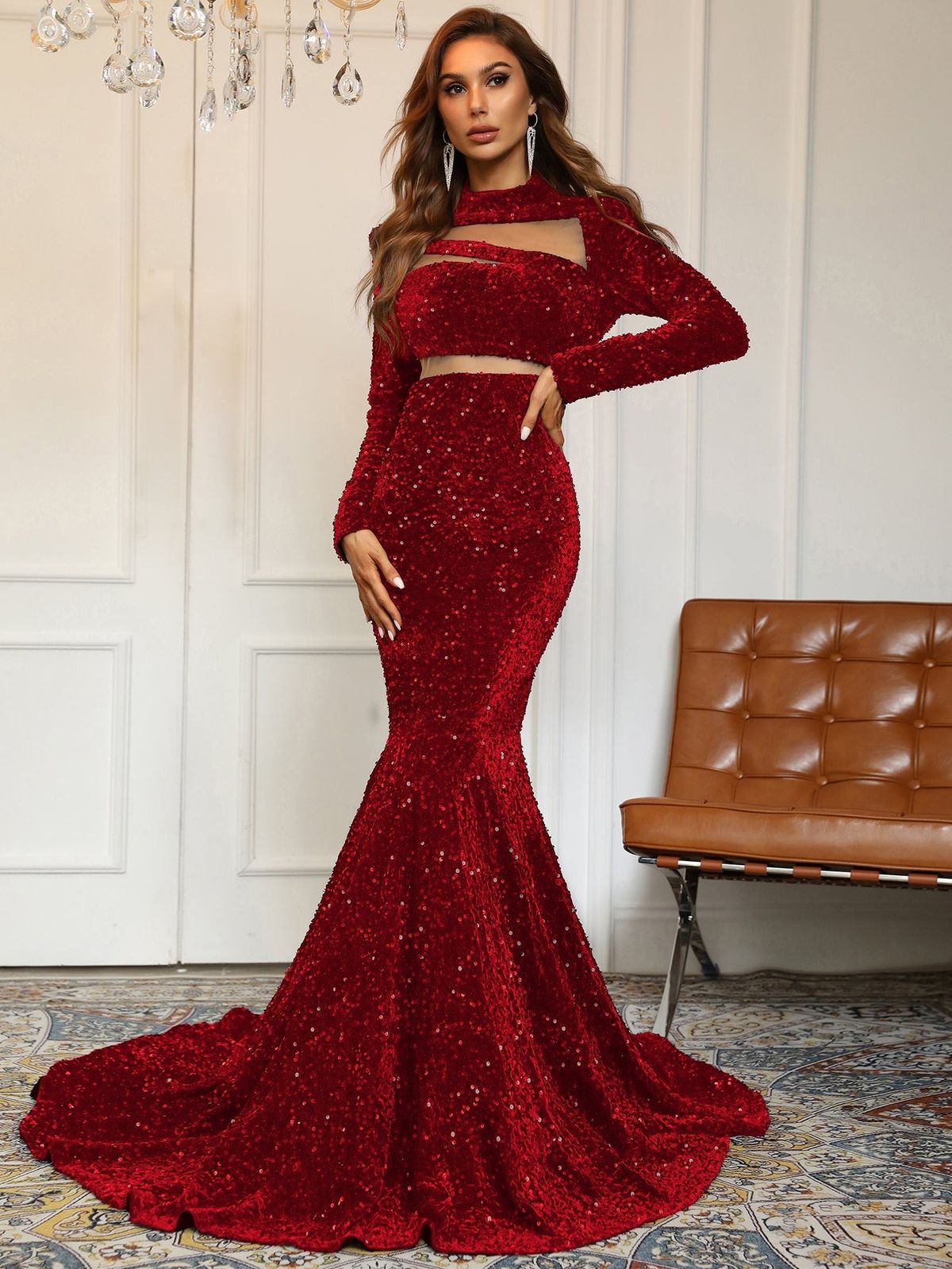 Style FSWD0076 Faeriesty Size S Long Sleeve Sequined Burgundy Red Mermaid Dress on Queenly