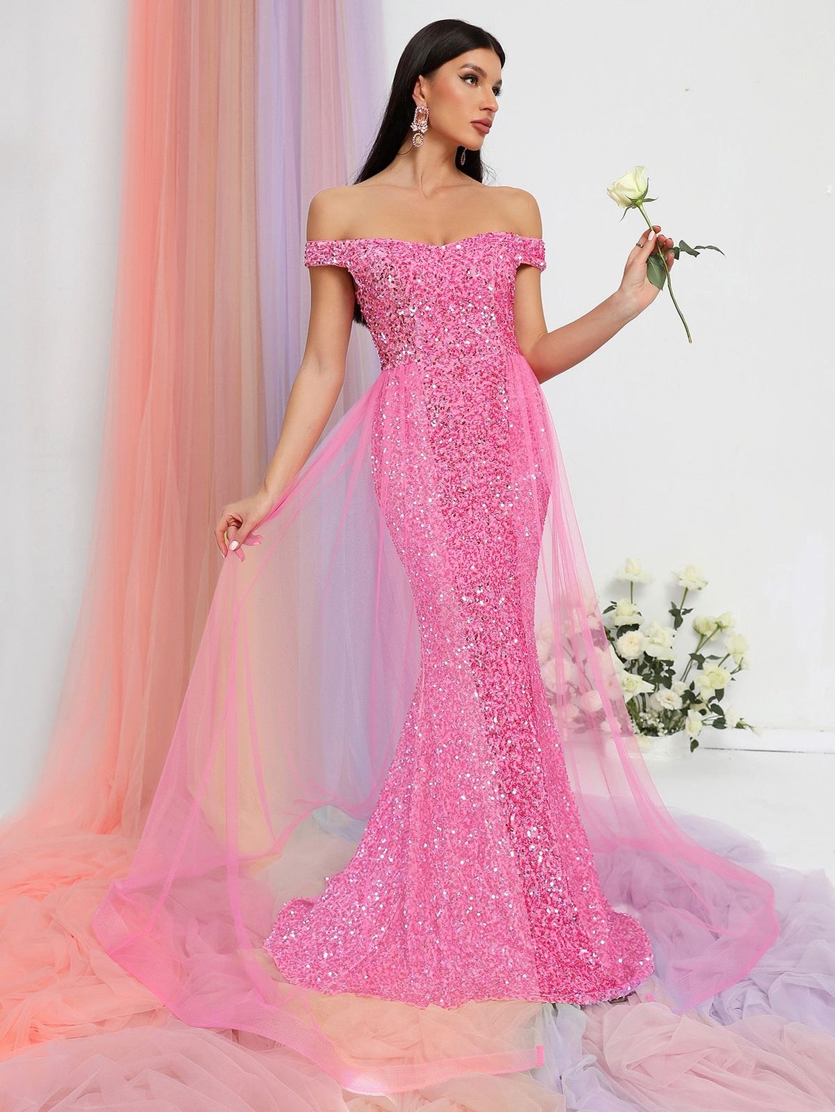 Style FSWD0478 Faeriesty Size XS Off The Shoulder Sequined Pink Mermaid Dress on Queenly