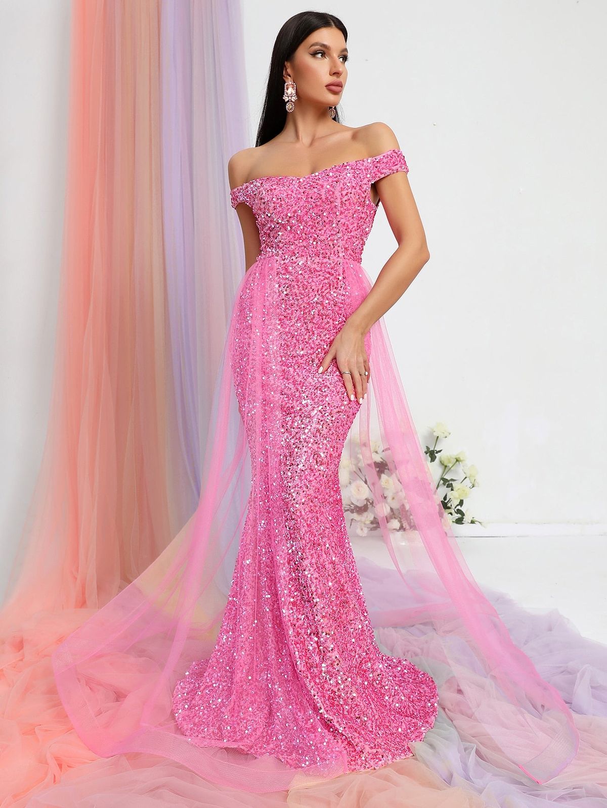 Style FSWD0478 Faeriesty Size S Prom Off The Shoulder Sequined Pink Mermaid Dress on Queenly