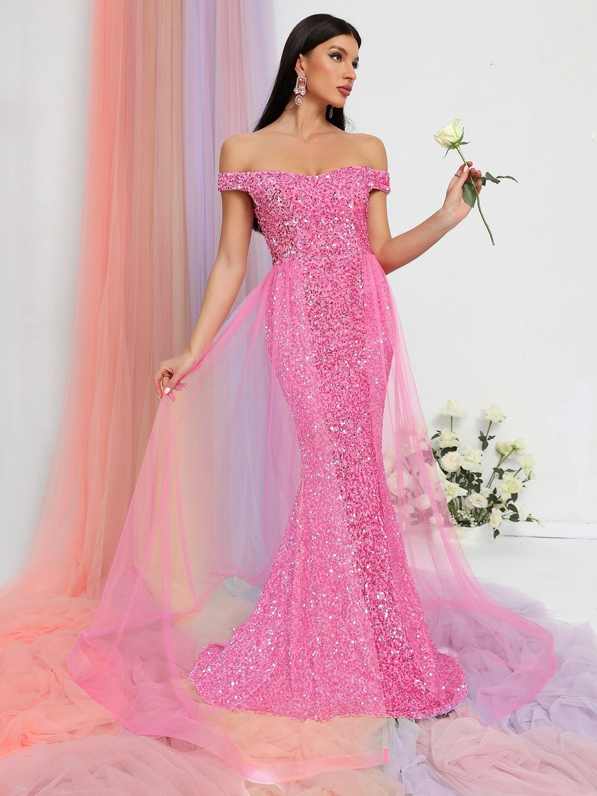 Style FSWD0478 Faeriesty Size XL Prom Off The Shoulder Sequined Pink Mermaid Dress on Queenly