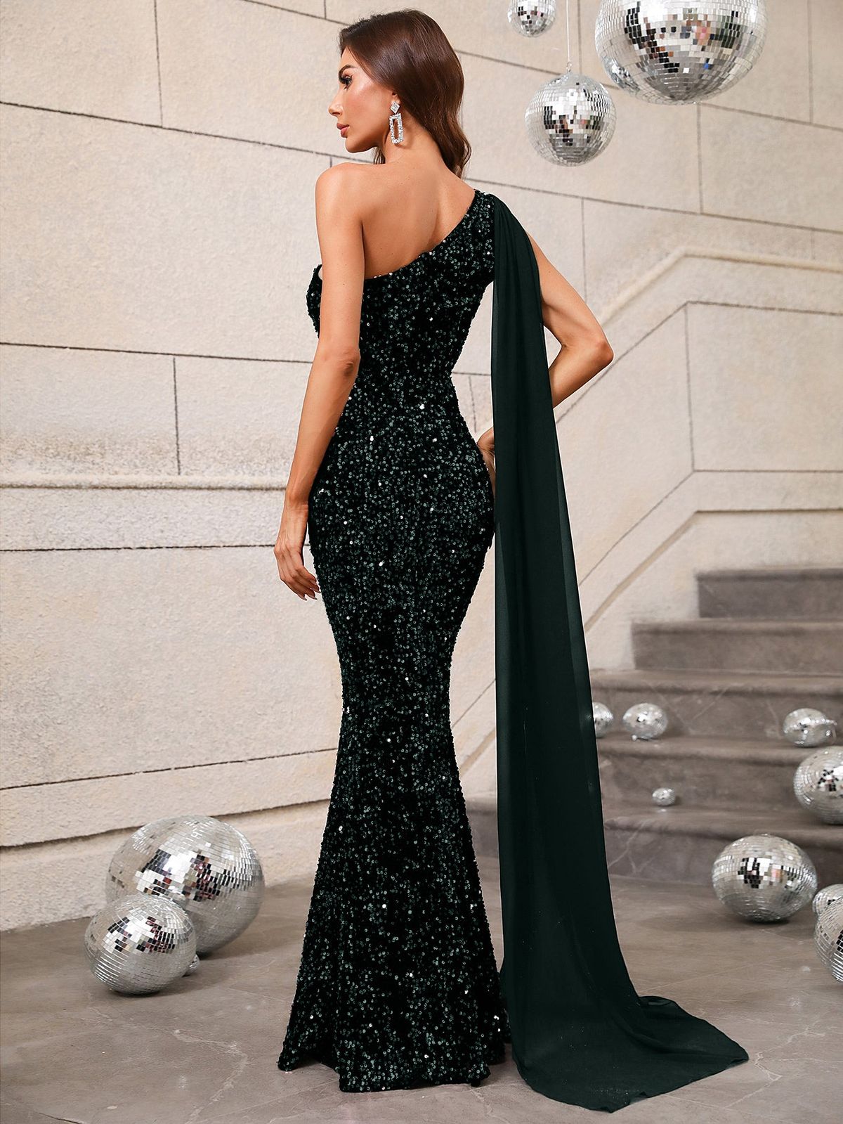 Style FSWD0421 Faeriesty Size XS Prom One Shoulder Sequined Green Floor Length Maxi on Queenly