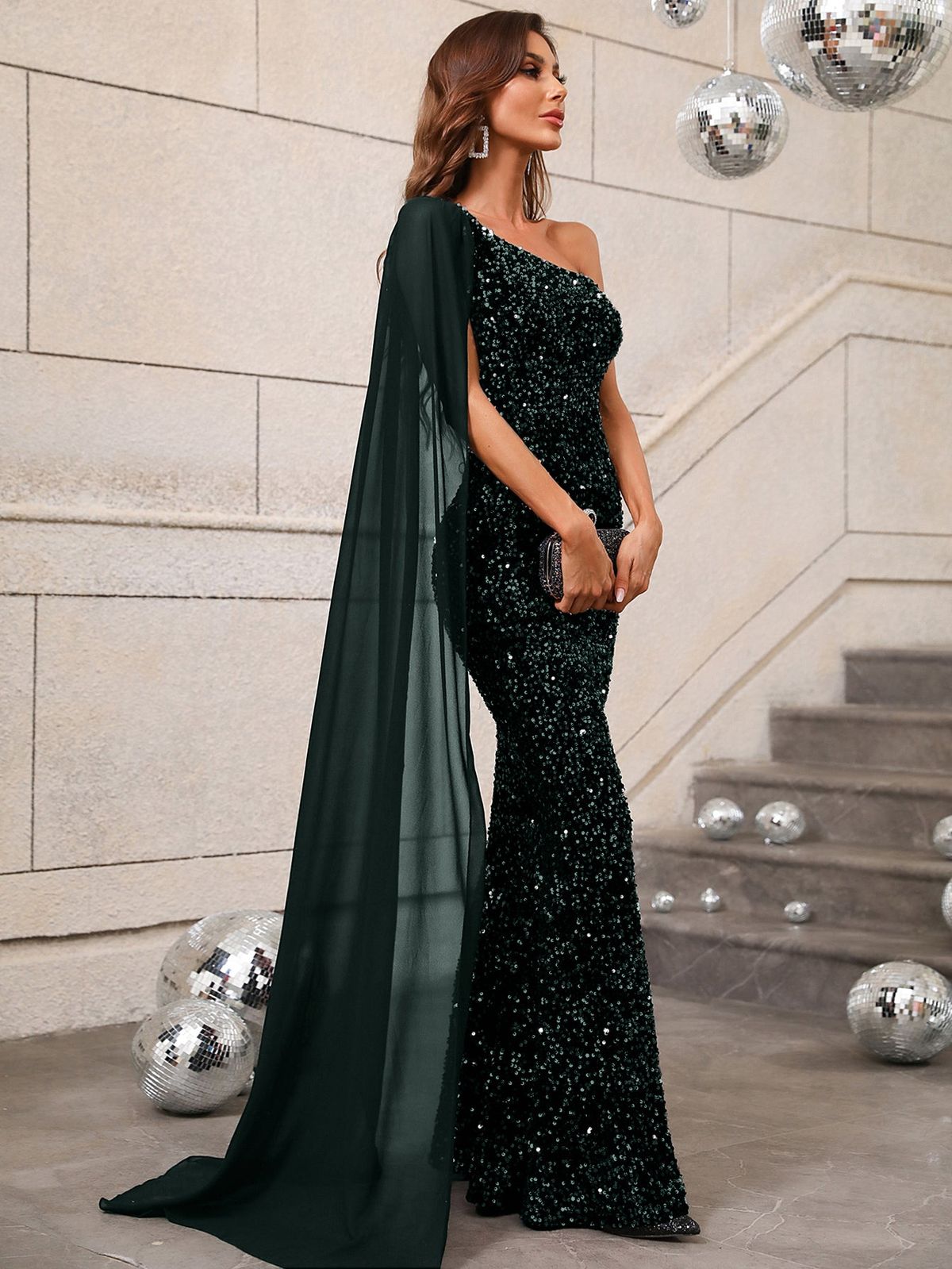 Style FSWD0421 Faeriesty Size S Prom One Shoulder Sequined Green Floor Length Maxi on Queenly