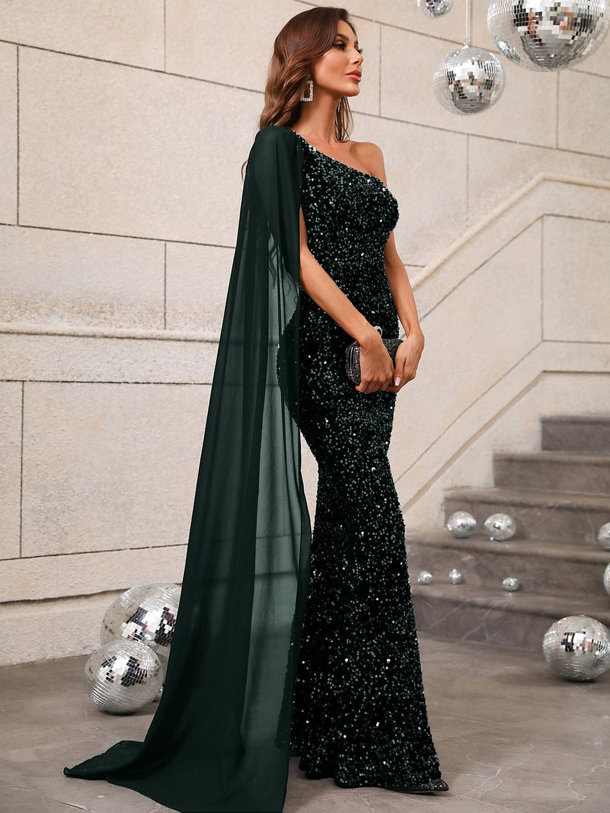 Style FSWD0421 Faeriesty Size L Prom One Shoulder Sequined Green Floor Length Maxi on Queenly