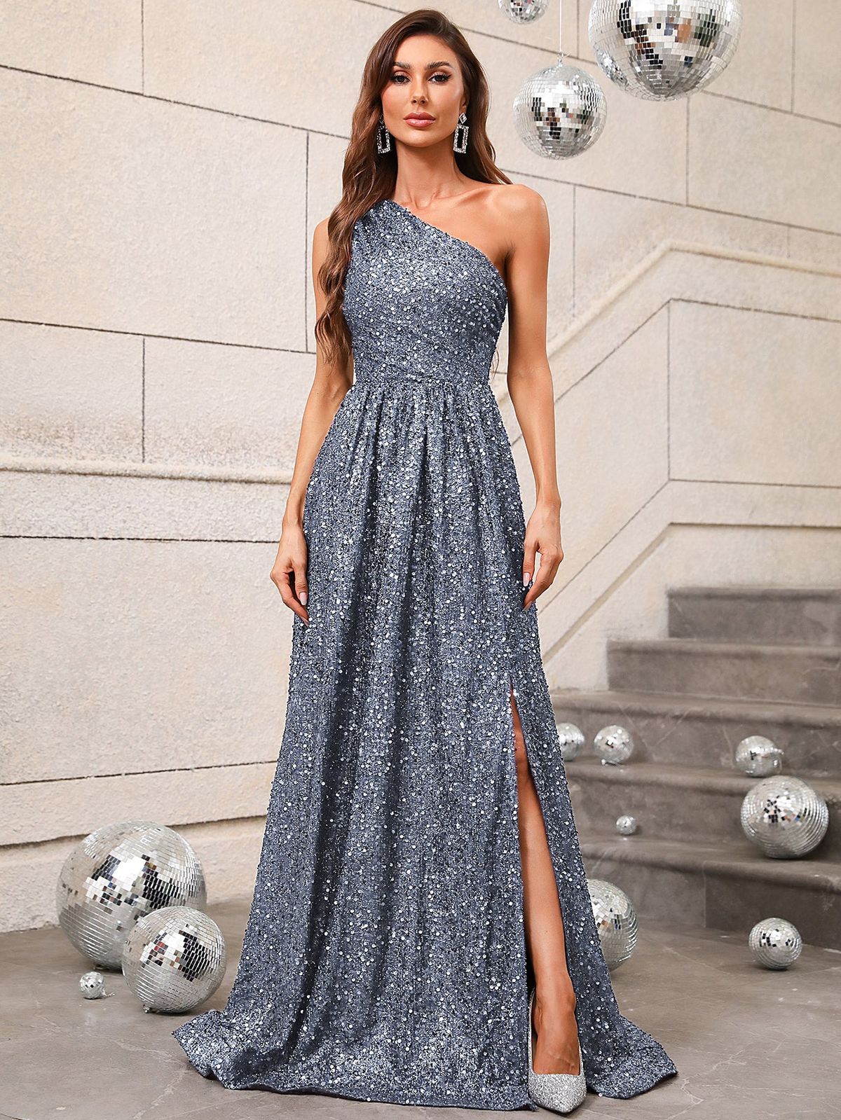 Style FSWD0431 Faeriesty Size M Prom One Shoulder Sequined Silver A-line Dress on Queenly