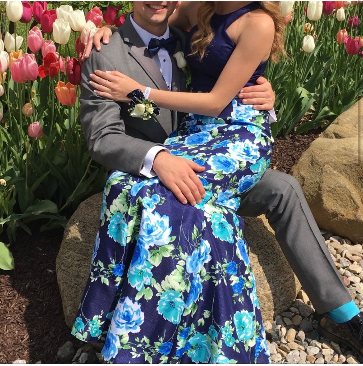 David's Bridal Size 2 Prom Floral Royal Blue Mermaid Dress on Queenly