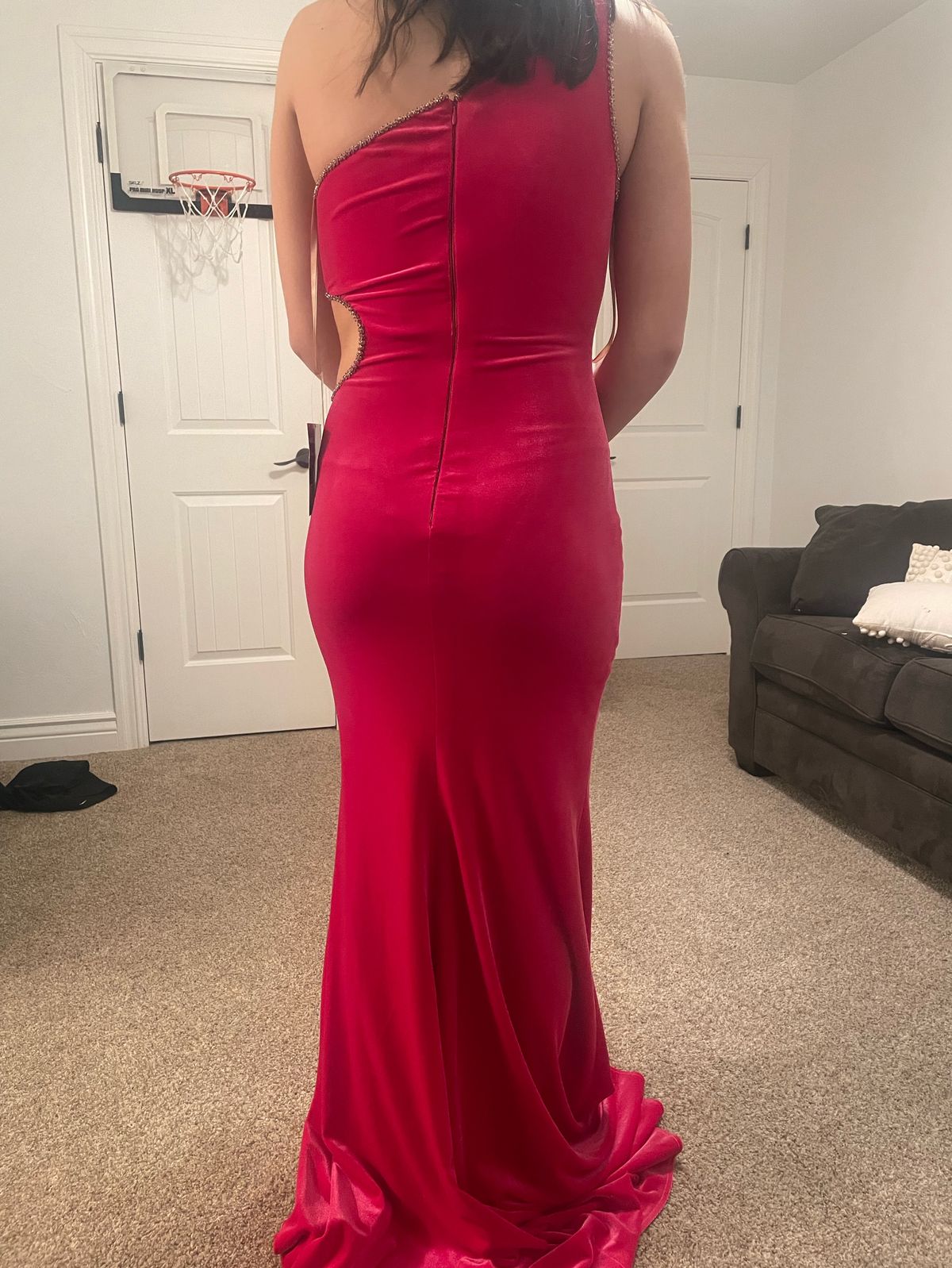 Jovani Size 4 Prom One Shoulder Sequined Hot Pink Side Slit Dress on Queenly
