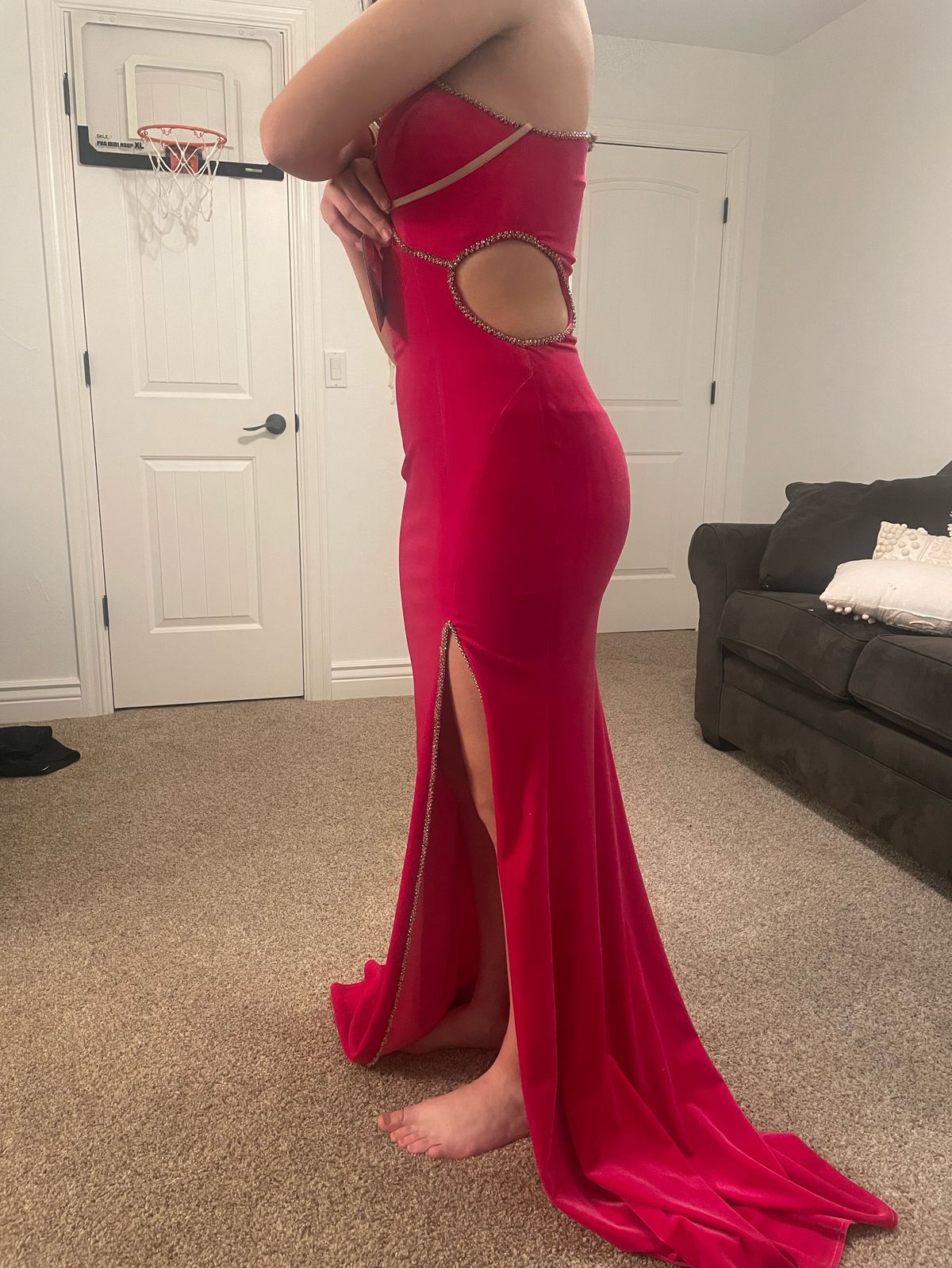 Jovani Size 4 Prom One Shoulder Sequined Hot Pink Side Slit Dress on Queenly