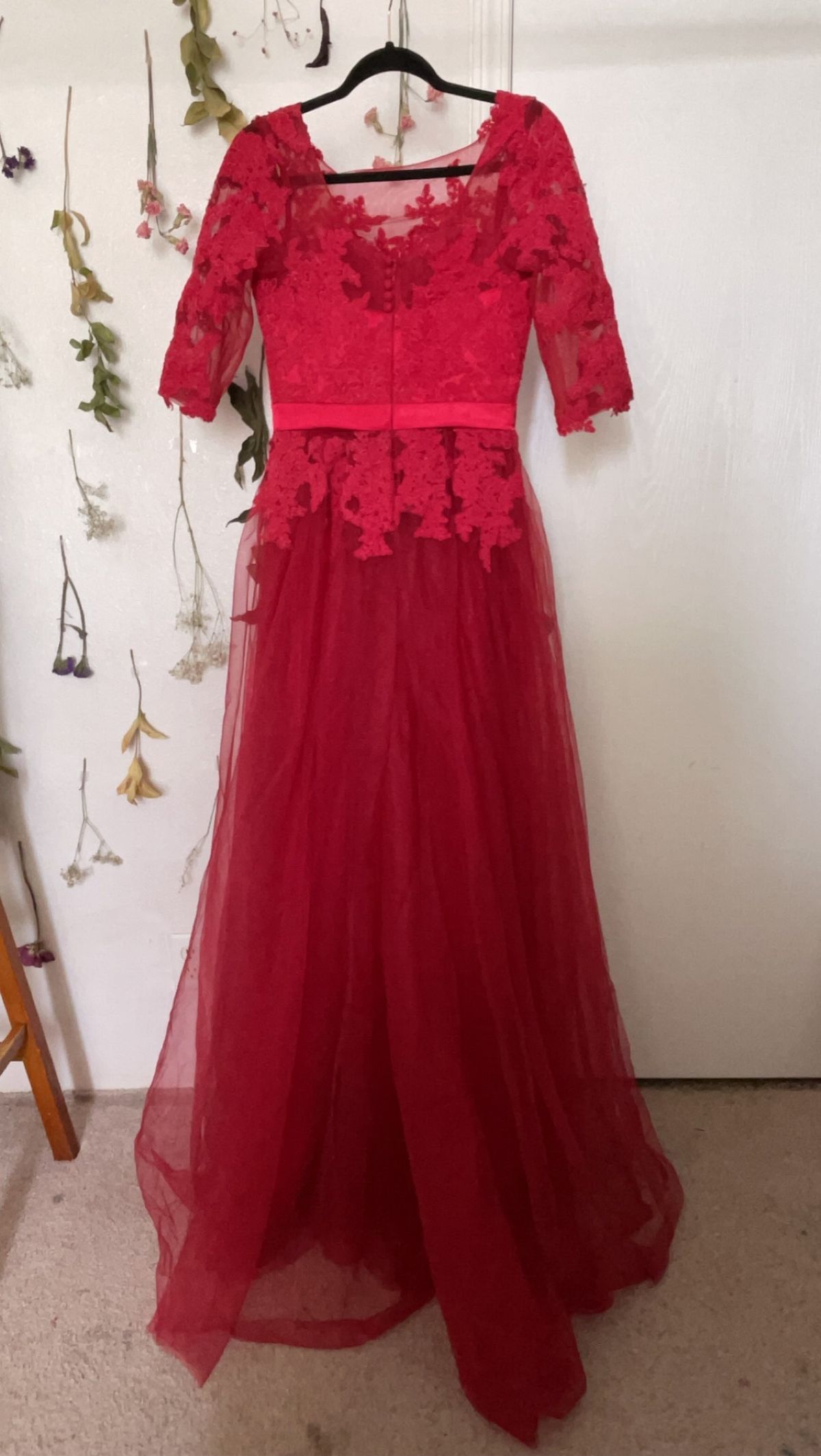 Size 6 Bridesmaid Long Sleeve Lace Red Dress With Train on Queenly