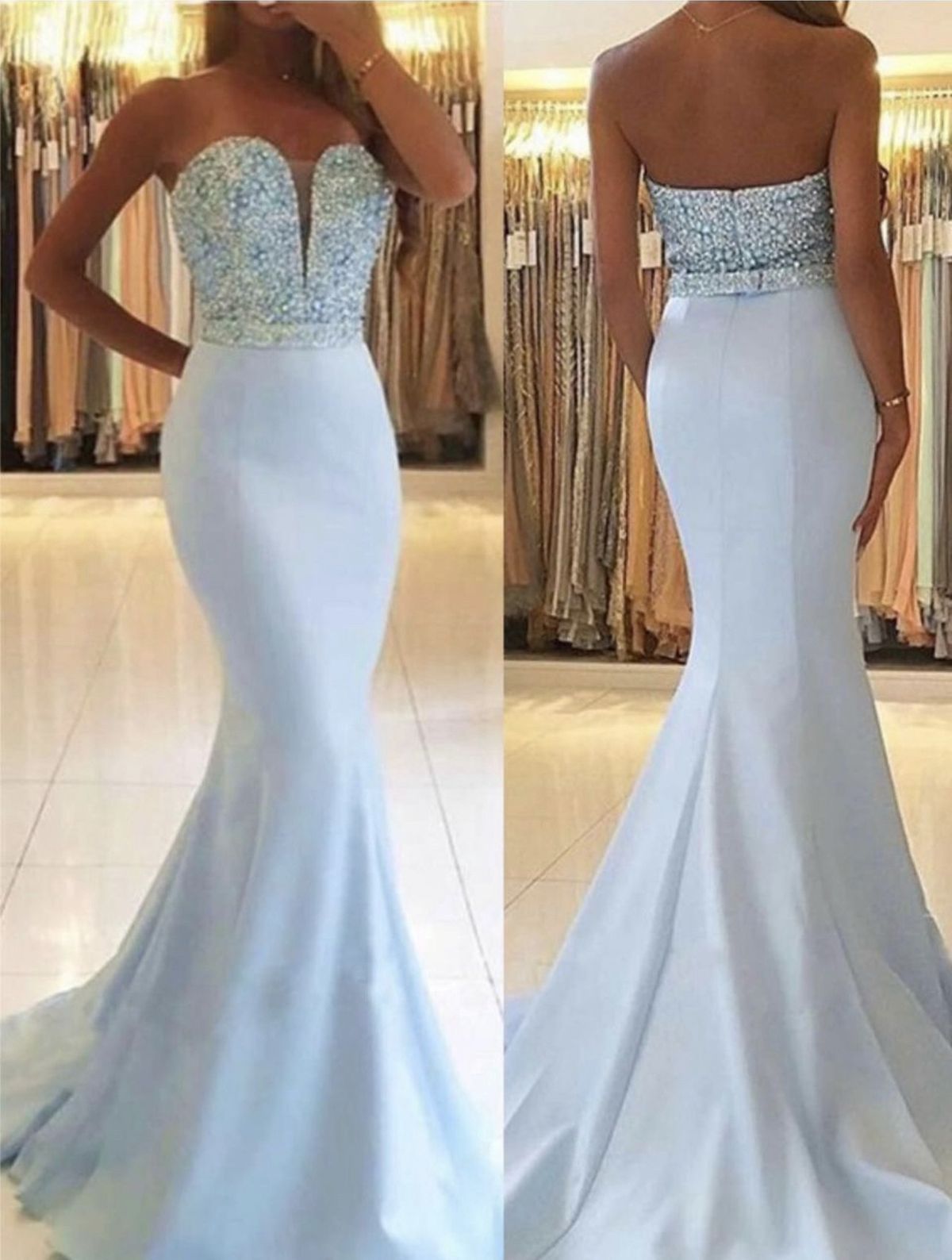 Size 4 Prom Strapless Sequined Light Blue Mermaid Dress on Queenly