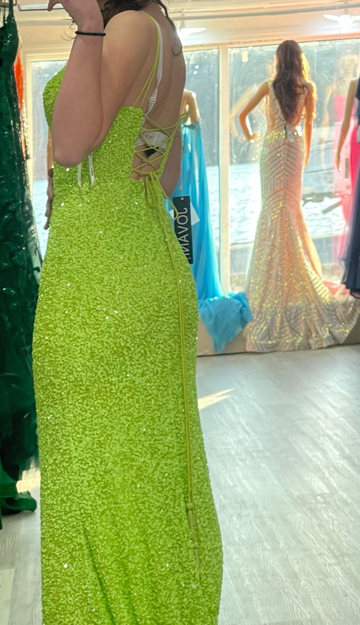 Jovani Size 4 Bridesmaid Plunge Lime Green Side Slit Dress on Queenly