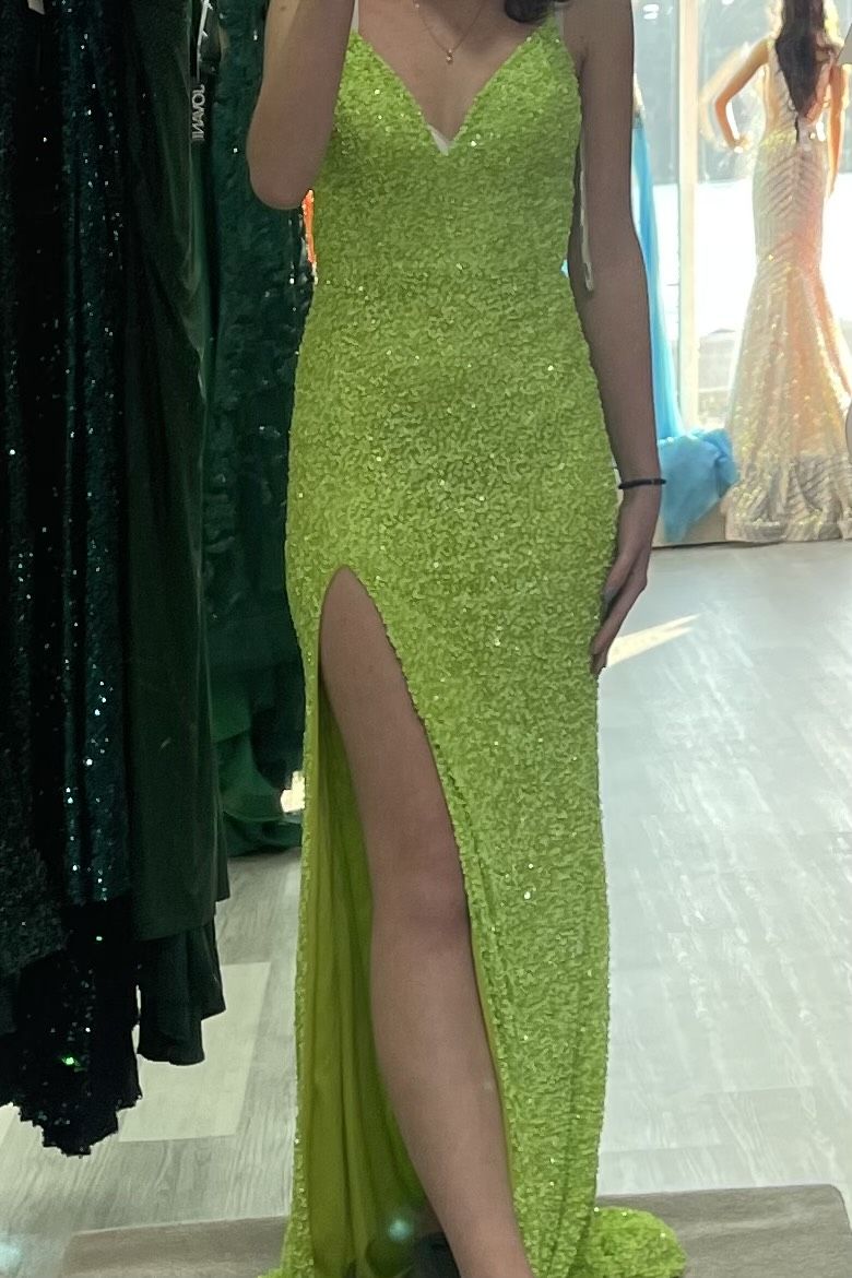 Jovani Size 4 Bridesmaid Plunge Lime Green Side Slit Dress on Queenly