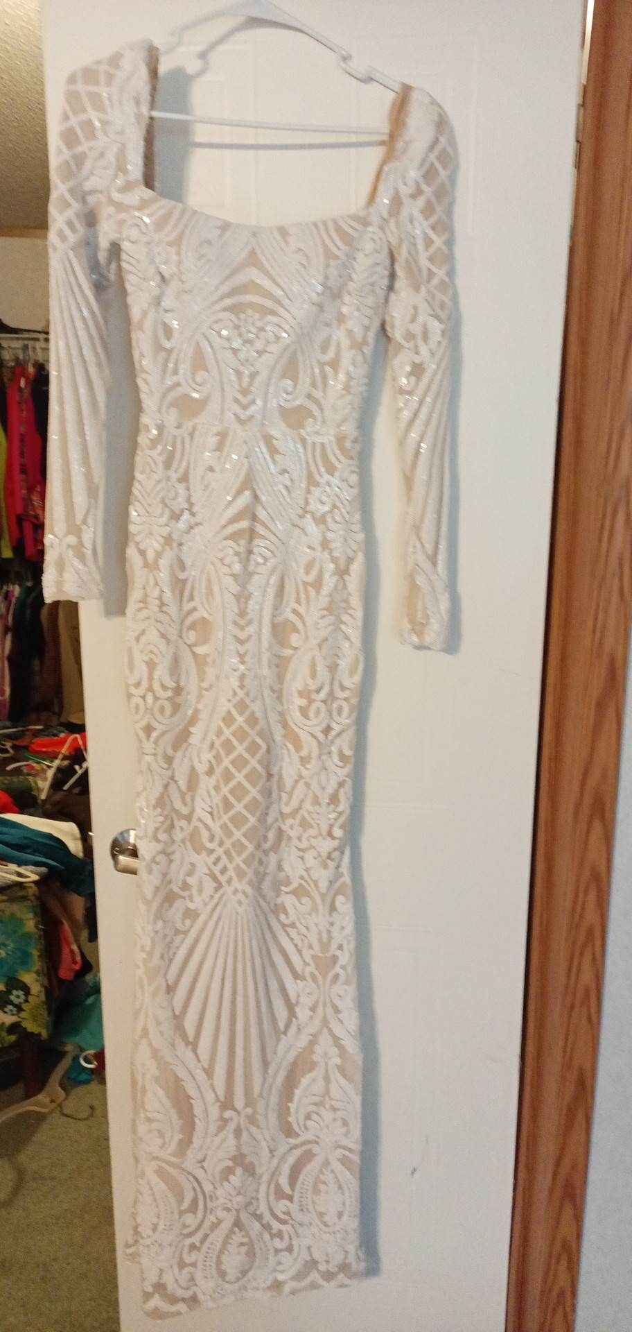 Size 2 Sequined White Floor Length Maxi on Queenly