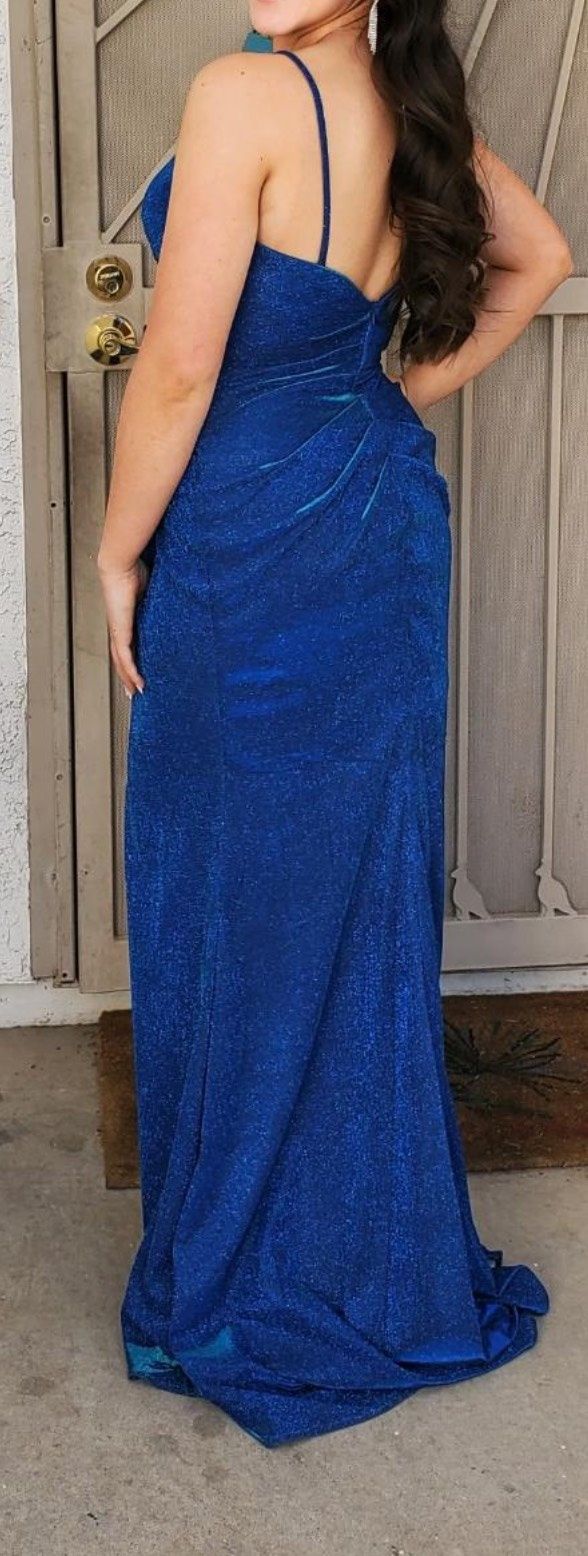 Size 6 Prom Sequined Blue Floor Length Maxi on Queenly