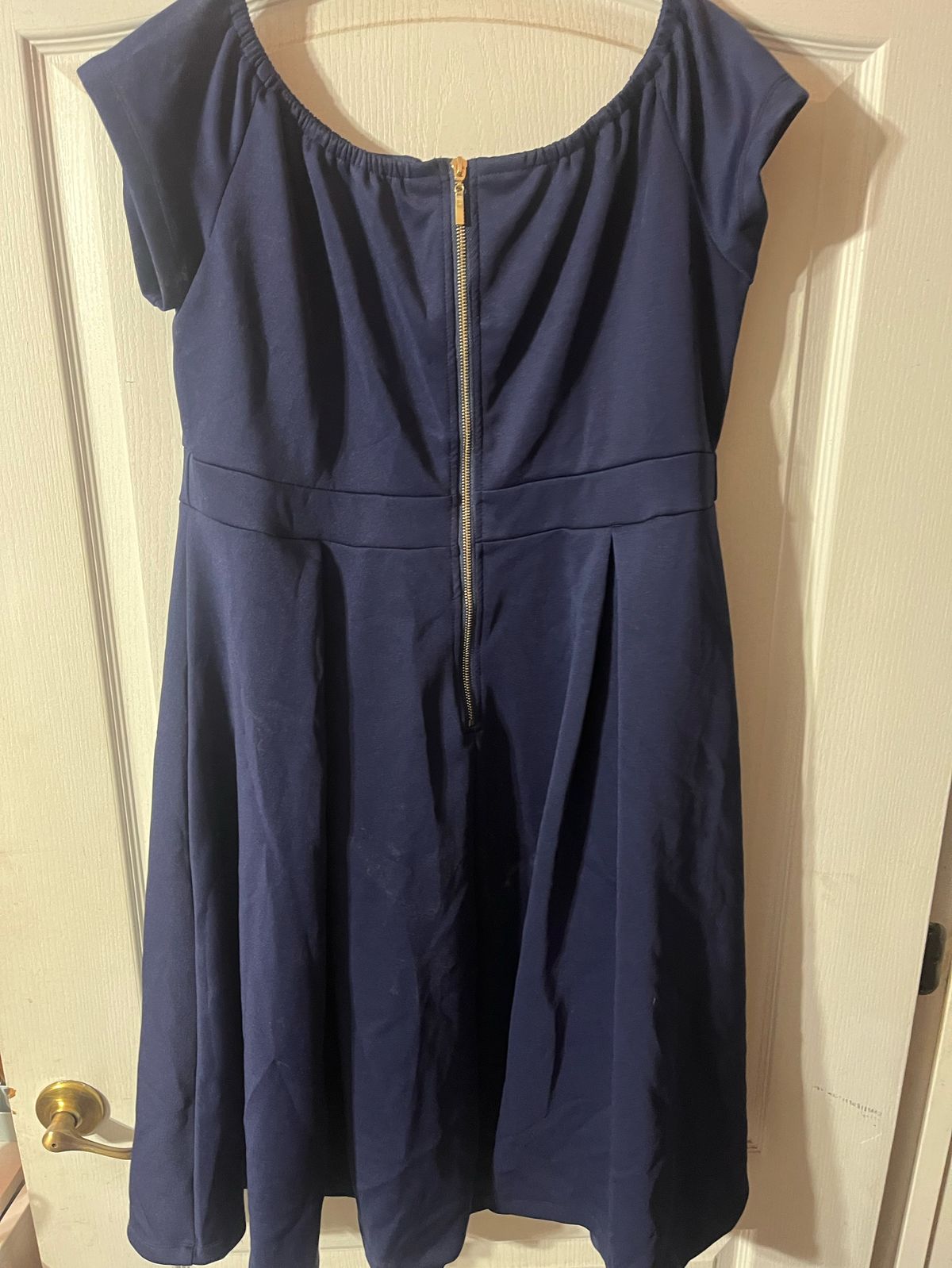 Size 2X Wedding Guest Cap Sleeve Navy Blue A-line Dress on Queenly