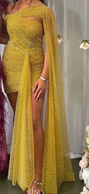 Size S Wedding Guest Yellow Side Slit Dress on Queenly