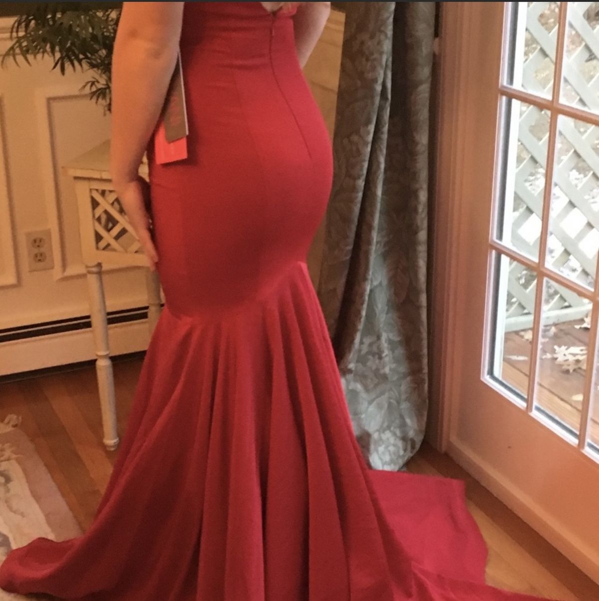 Jovani Size 6 Bridesmaid Plunge Satin Red Mermaid Dress on Queenly