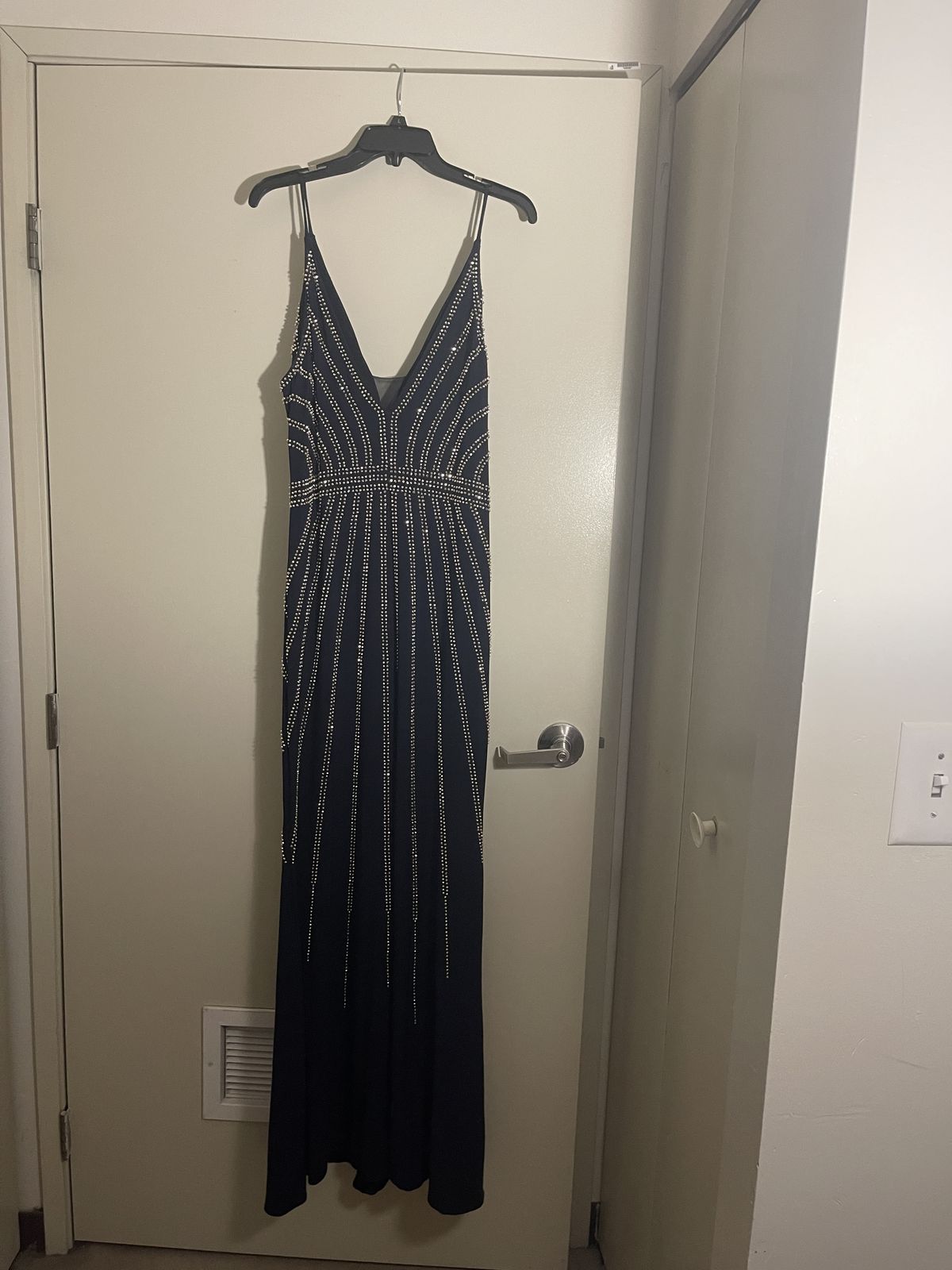 Xscape Size 14 Prom Sequined Navy Blue Floor Length Maxi on Queenly