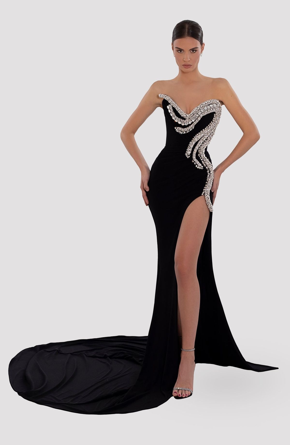 Style AD5025 Albina Dyla Size L Pageant Sequined Black Side Slit Dress on Queenly
