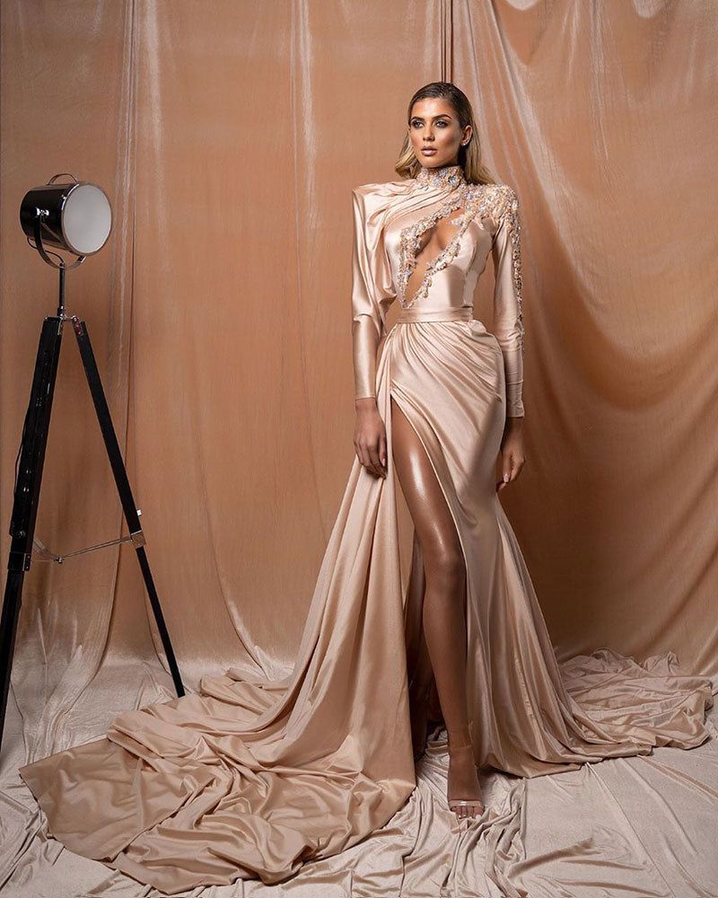 Style AD2082 Albina Dyla Size S Pageant Gold Side Slit Dress on Queenly