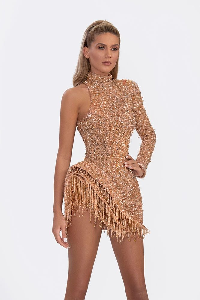 Style AD2205 Albina Dyla Size XS Pageant Long Sleeve Sequined Gold Cocktail Dress on Queenly
