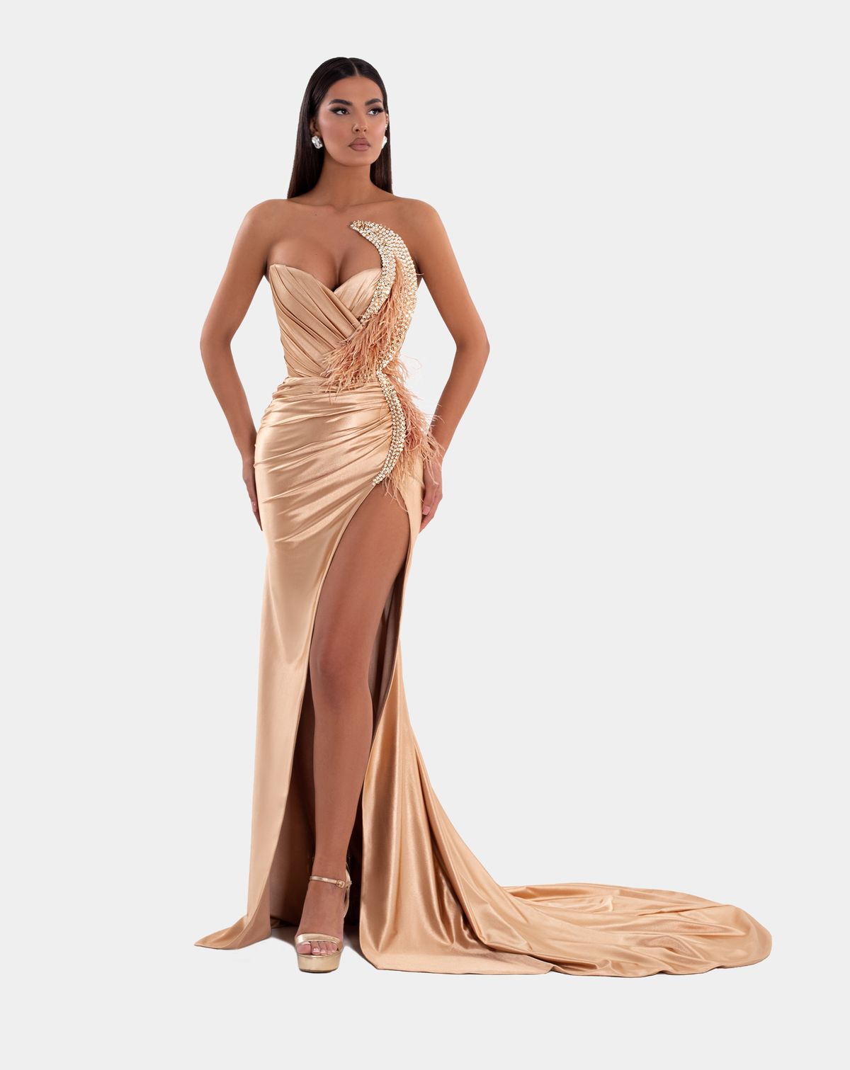 Style AD5112 Albina Dyla Size S Pageant Gold Side Slit Dress on Queenly
