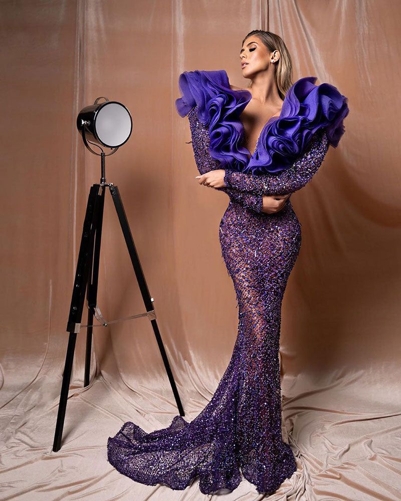 Style AD2083 Albina Dyla Size XS Pageant Long Sleeve Sequined Purple Mermaid Dress on Queenly