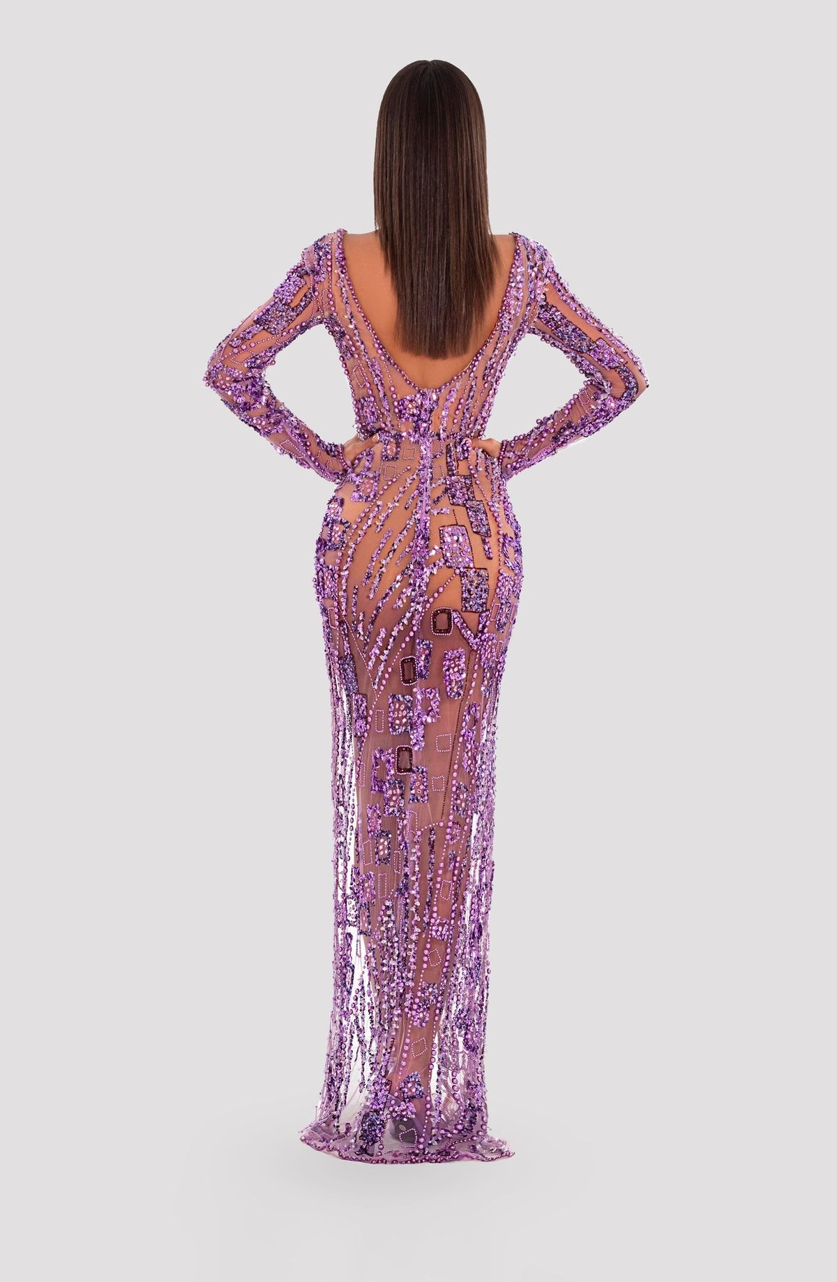 Style AD5032 Albina Dyla Size XS Pageant Long Sleeve Sequined Purple Floor Length Maxi on Queenly