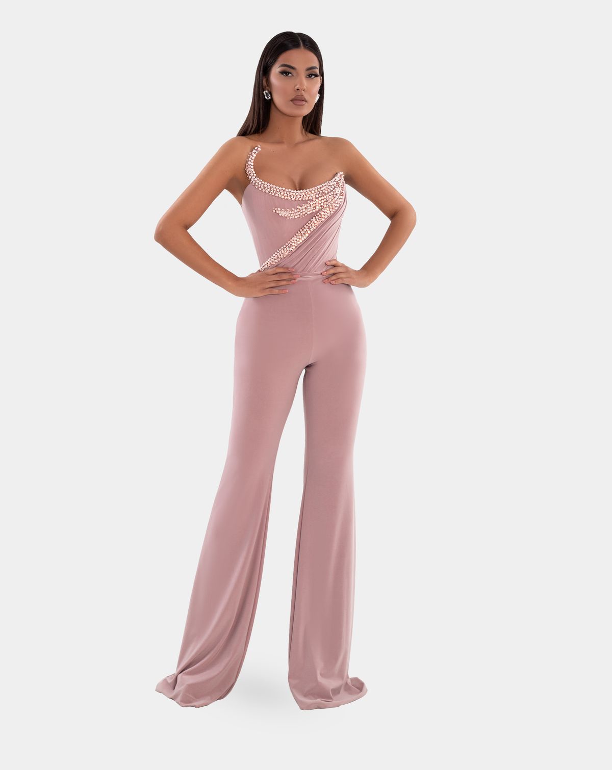 Style AD5120 Albina Dyla Size XS Homecoming Strapless Sequined Coral Formal Jumpsuit on Queenly