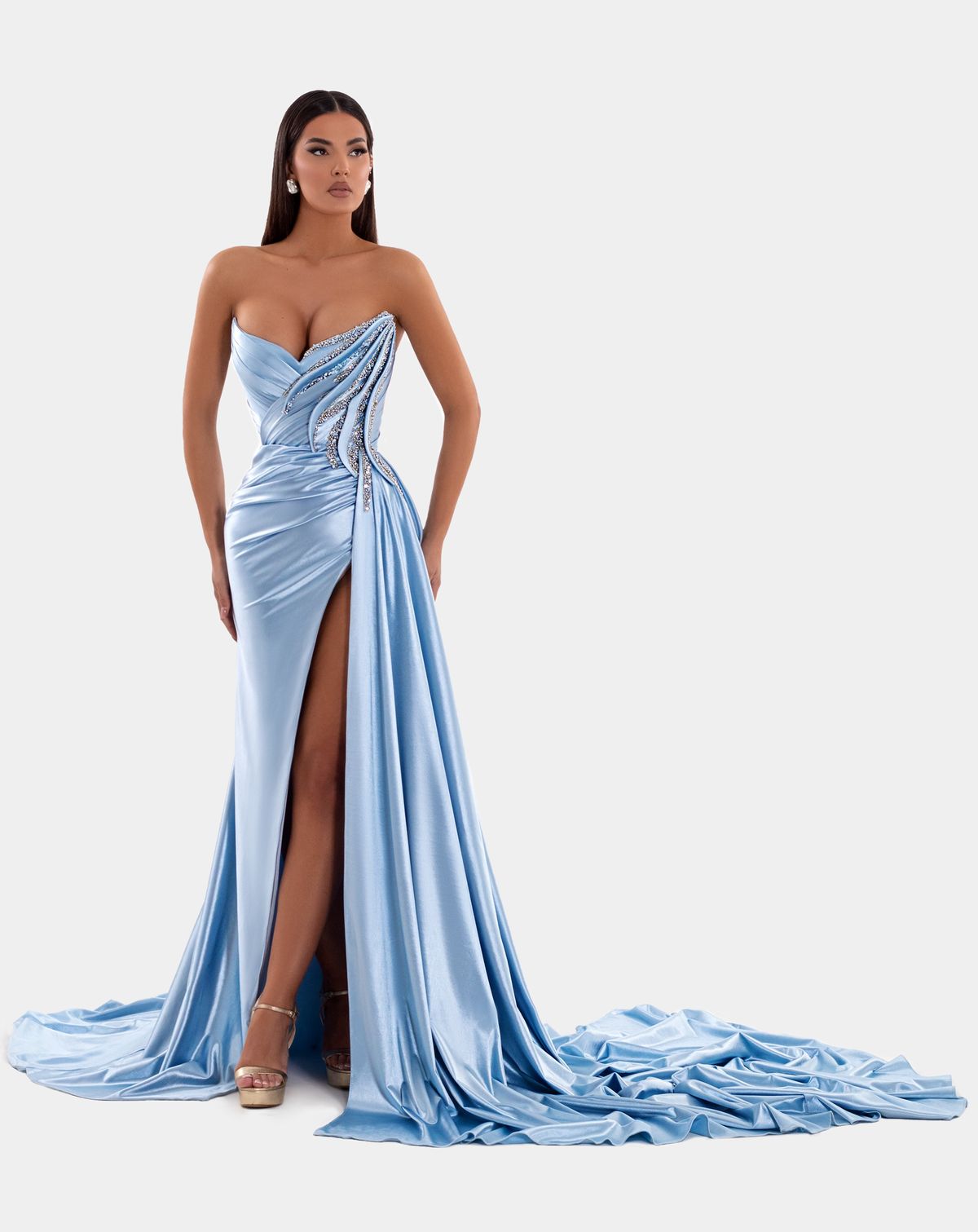 Style AD5116 Albina Dyla Size XS Pageant Sequined Light Blue Side Slit Dress on Queenly