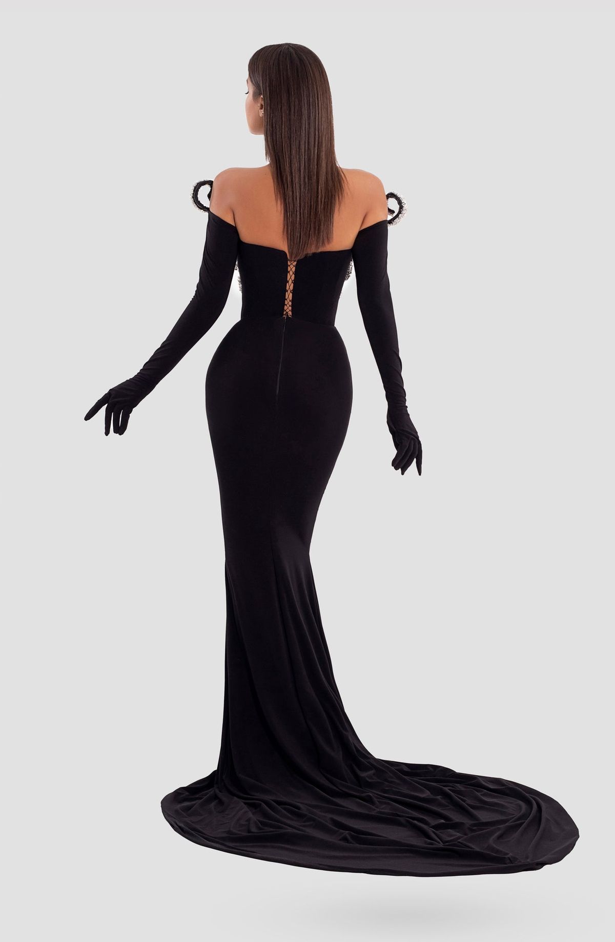 Style AD5014 Albina Dyla Size S Pageant Off The Shoulder Sequined Black Floor Length Maxi on Queenly