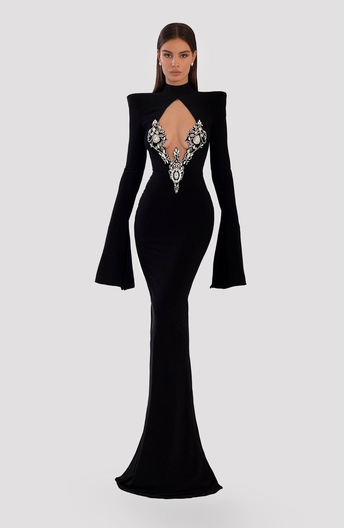 Style AD5003 Albina Dyla Size M Pageant Long Sleeve Sequined Black Floor Length Maxi on Queenly