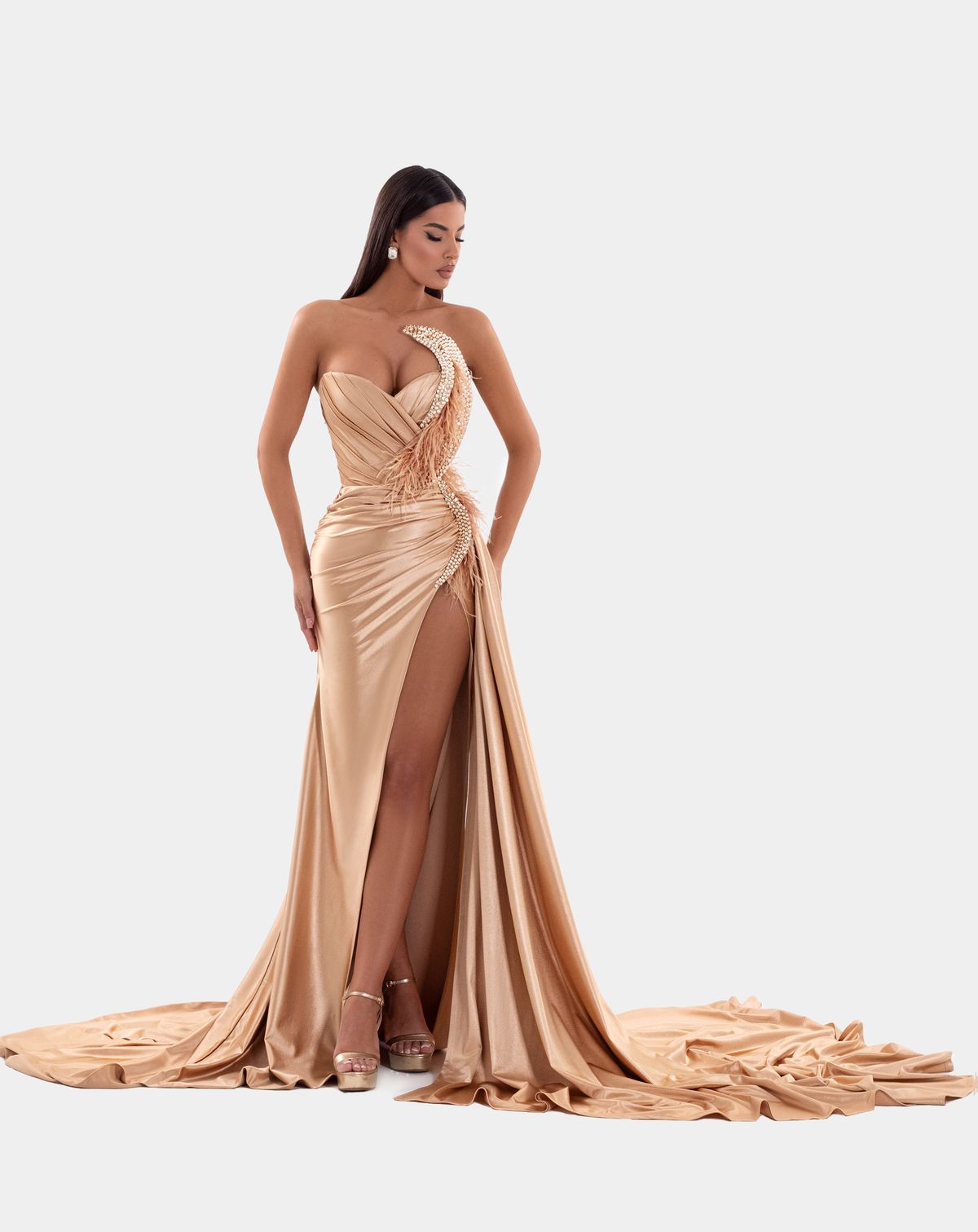 Style AD5113 Albina Dyla Size XXL Pageant Gold Side Slit Dress on Queenly