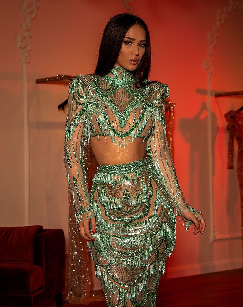 Style AD2220 Albina Dyla Size S Pageant Long Sleeve Sequined Light Green Side Slit Dress on Queenly